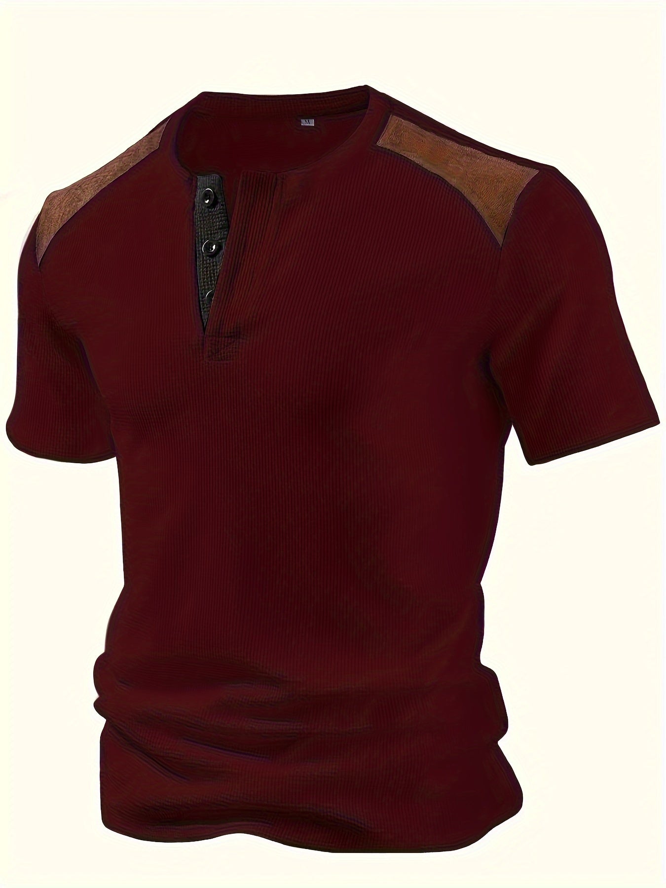 Men'S Waffle Texture Two-Tone Henley Shirt - Casual Summer Short Sleeve, Round Neck, Non-Stretch Fabric