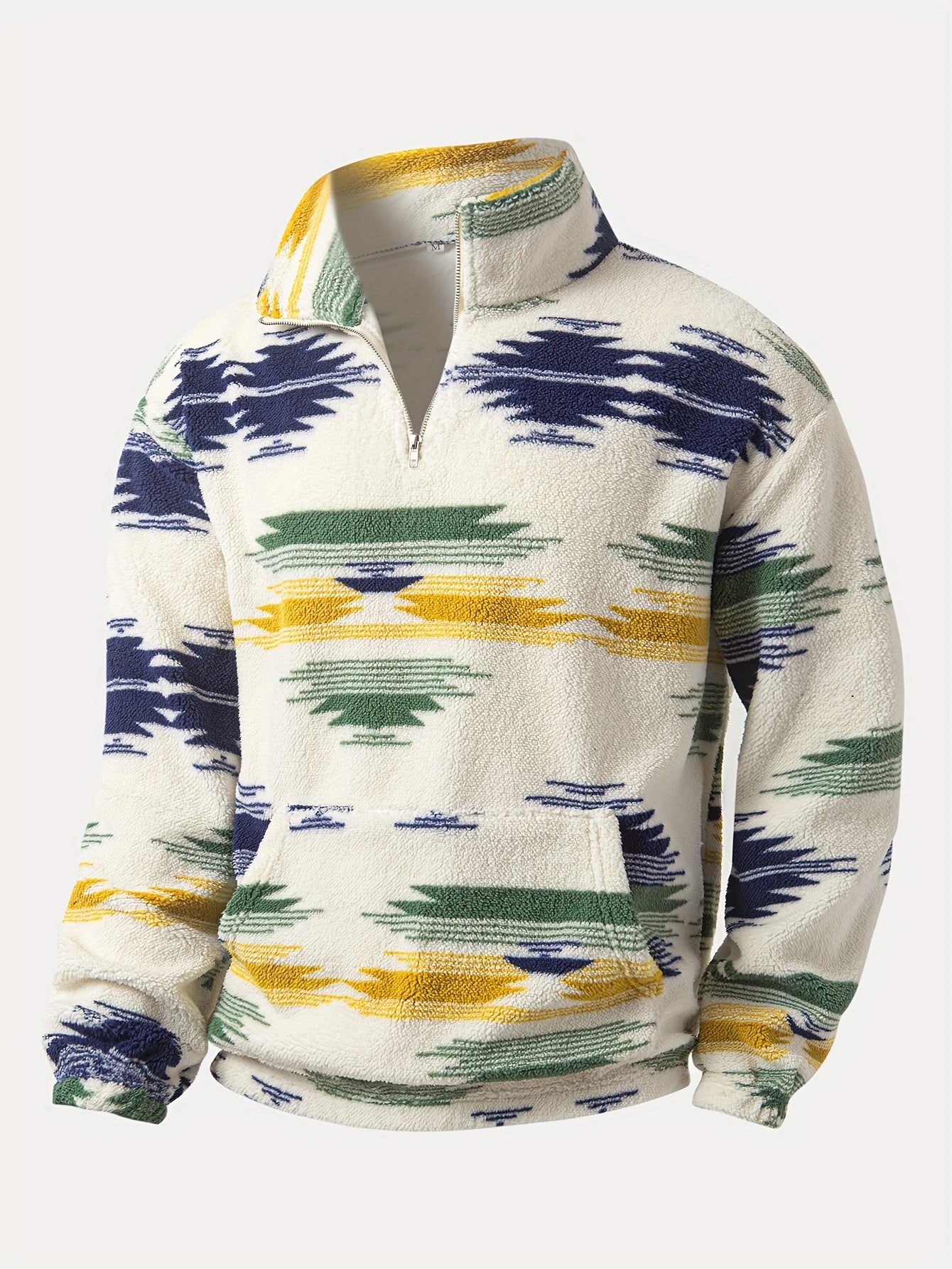 Men's Loose Polar Fleece Folk Style Print Sweatshirt With Kangaroo Pocket, Casual Breathable Half Zipper Stand Collar Long Sleeve Top For Outdoor