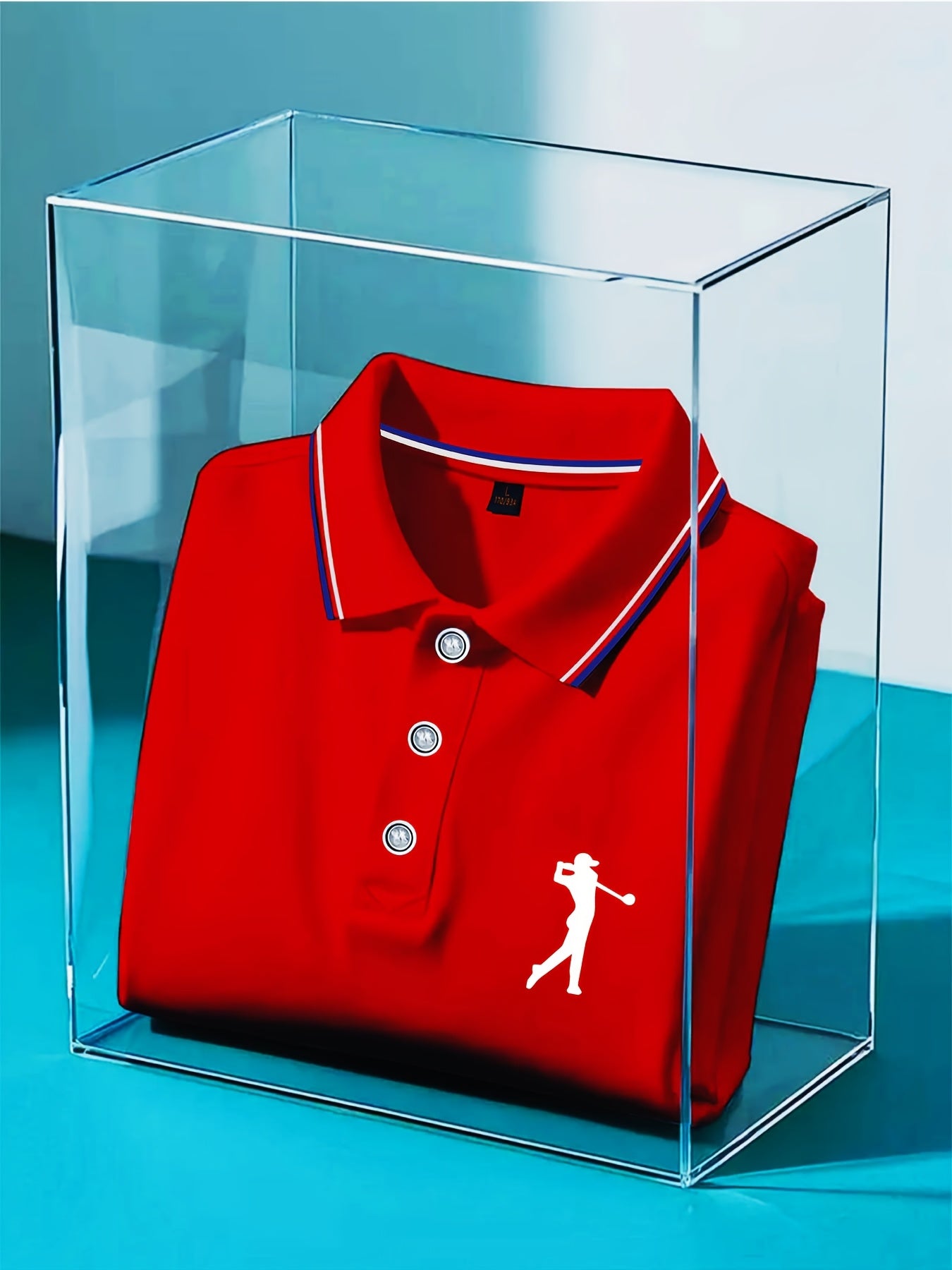 Men's Short Sleeve Shirt - White with Red Golf Print, Striped Collar & Cuffs, Breathable Summer Golf & Casual Wear, Machine Washable Regular Fit, Durable Fabric