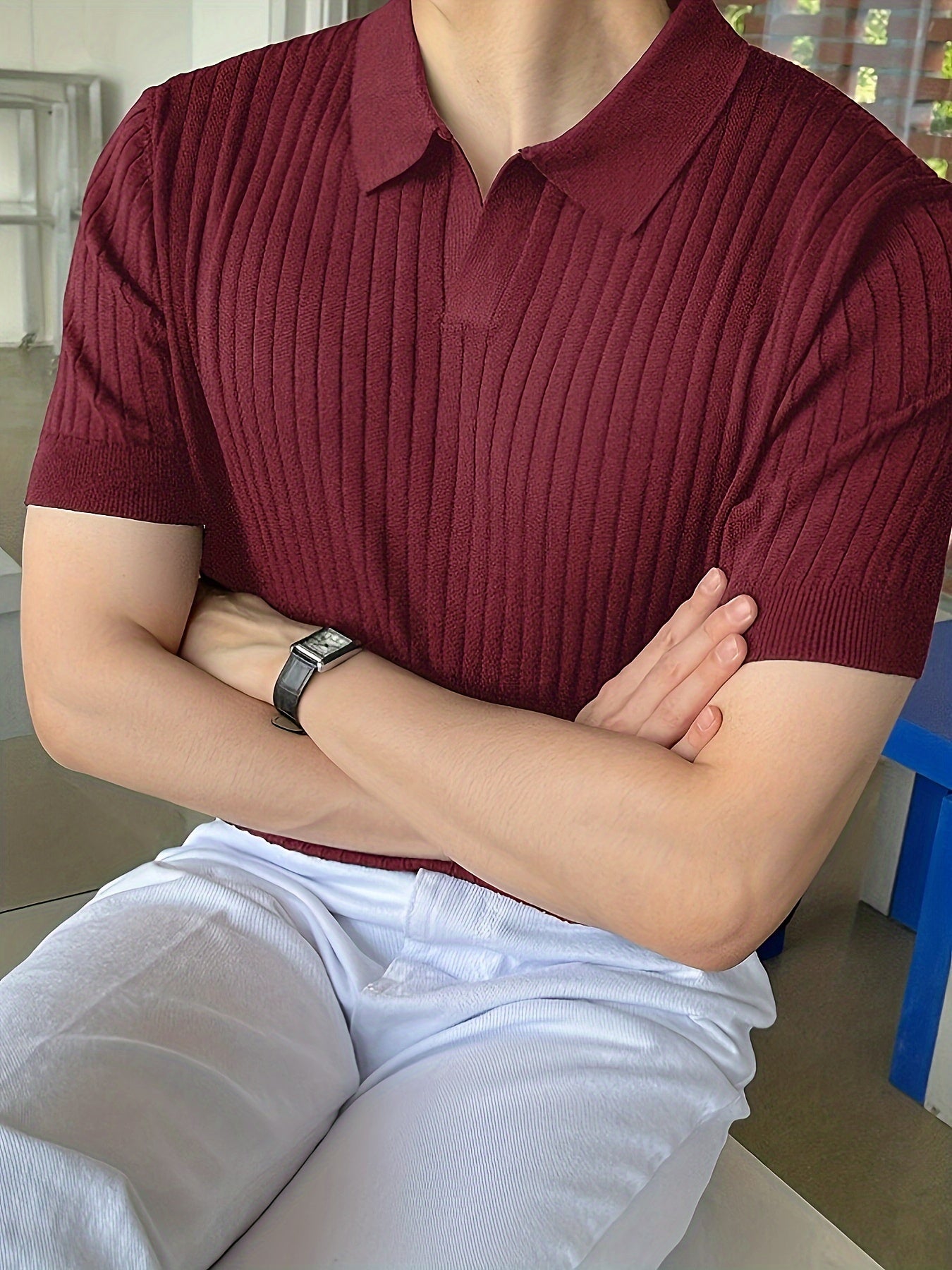 2024 New Men'S Small Hole Short Sleeve Polo Shirt Knitted Sweater - Beige, Medium Stretch, Solid Color, Regular Fit, All-Season Casual Wear, Casual Wear Sweater|Minimalist Style|Knit Construction, Sweater Vest