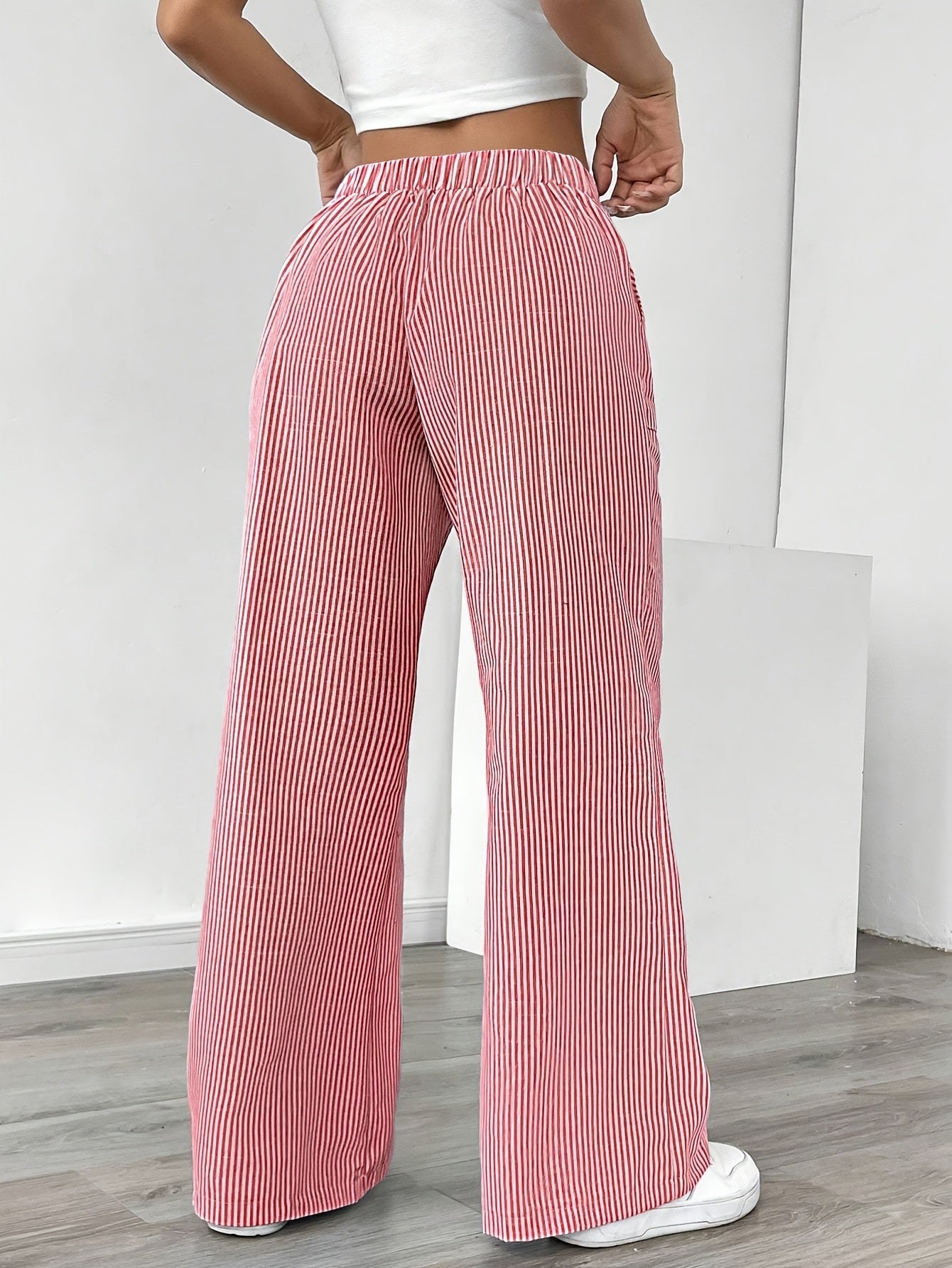 Slant Pockets Wide Leg Pants, Casual Striped Print Loose Drawstring Waist Pants For Spring & Summer, Women's Clothing