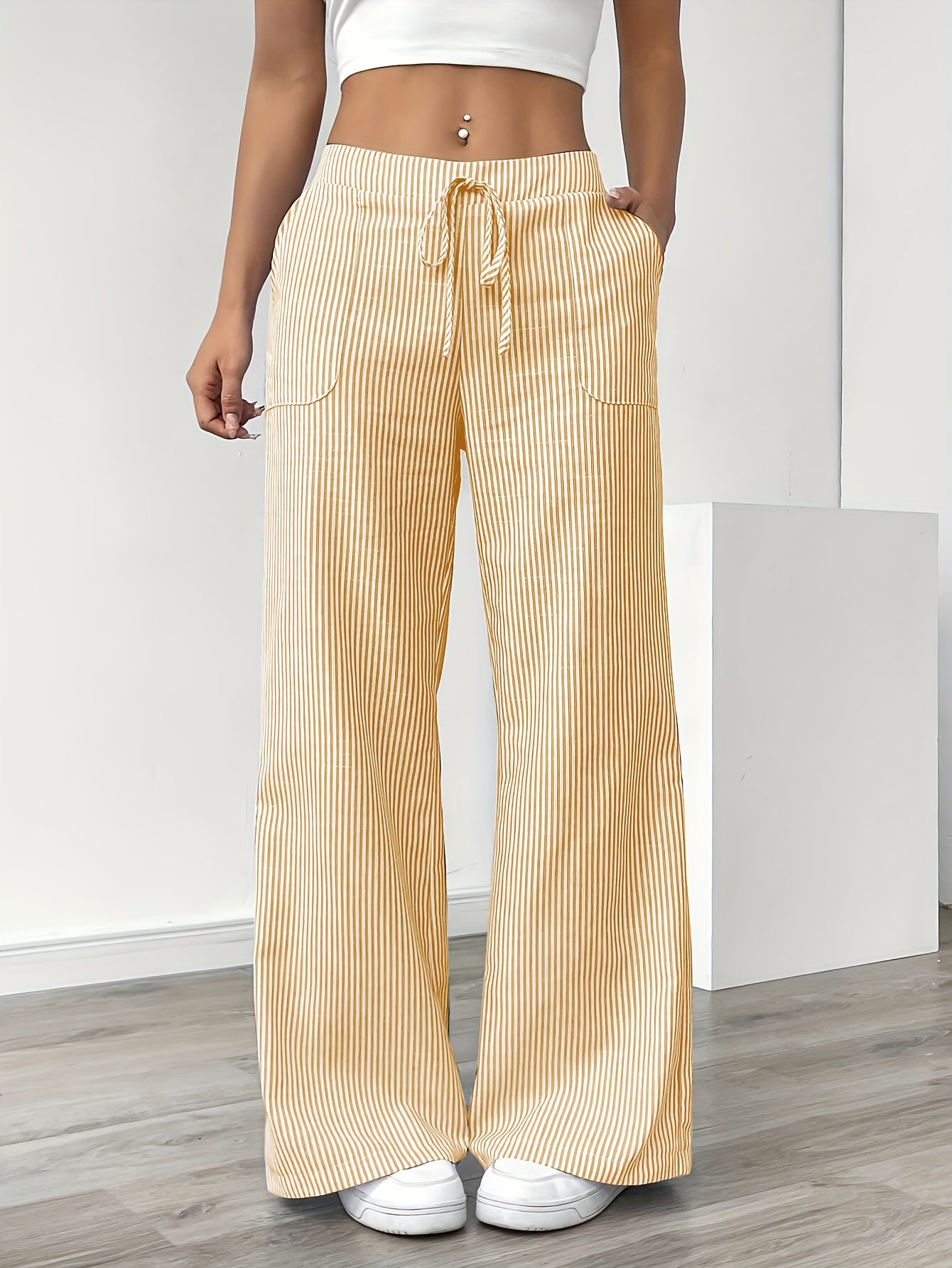 Slant Pockets Wide Leg Pants, Casual Striped Print Loose Drawstring Waist Pants For Spring & Summer, Women's Clothing