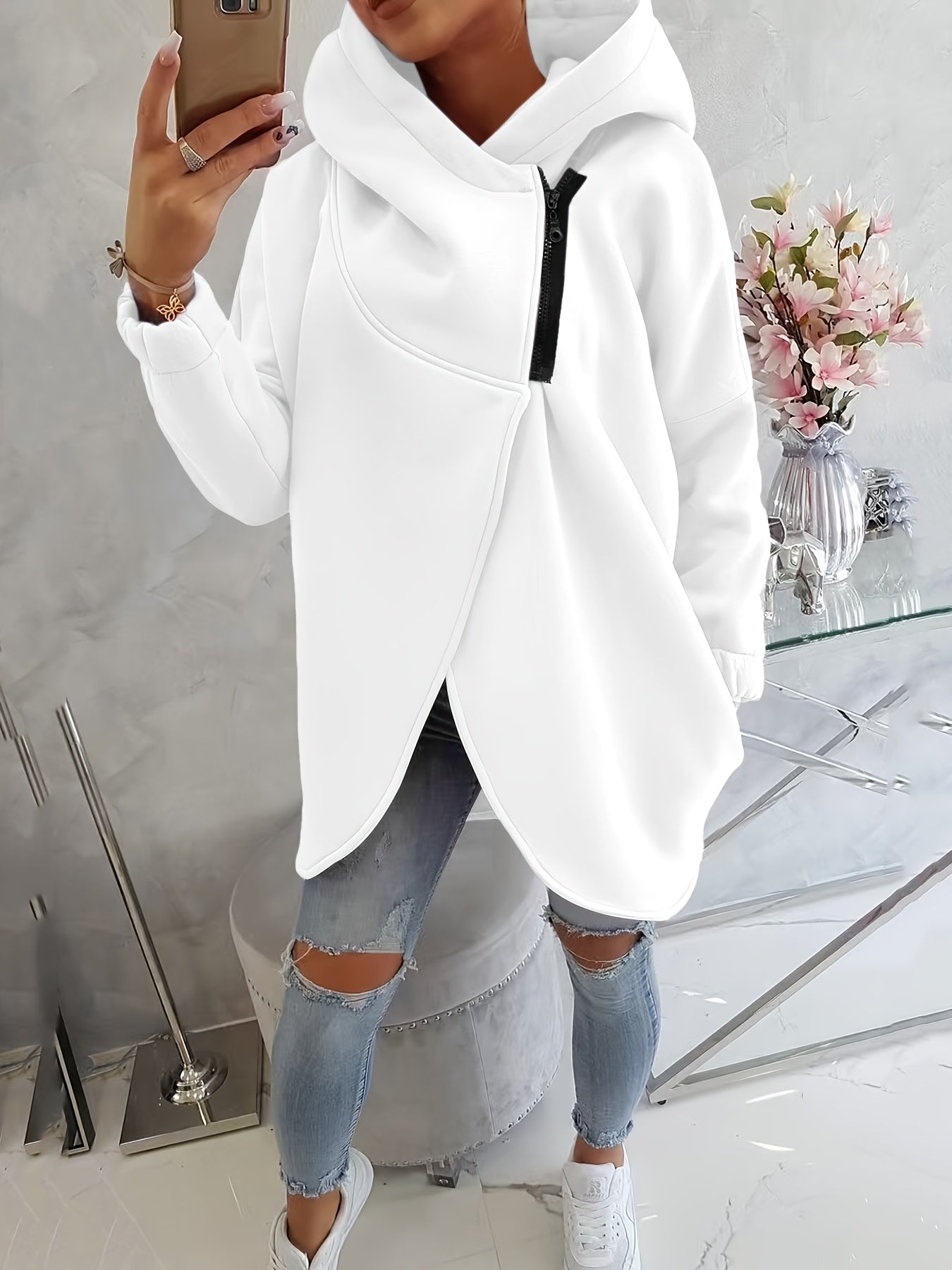 Women'S Casual Black Hooded Jacket with Front Pockets - Long Sleeve, Ripped Jeans & White Sneakers, Perfect for Spring/Fall, Autumn Fashion Jacket | Relaxed Fit Hoodie | Zippered Hoodie