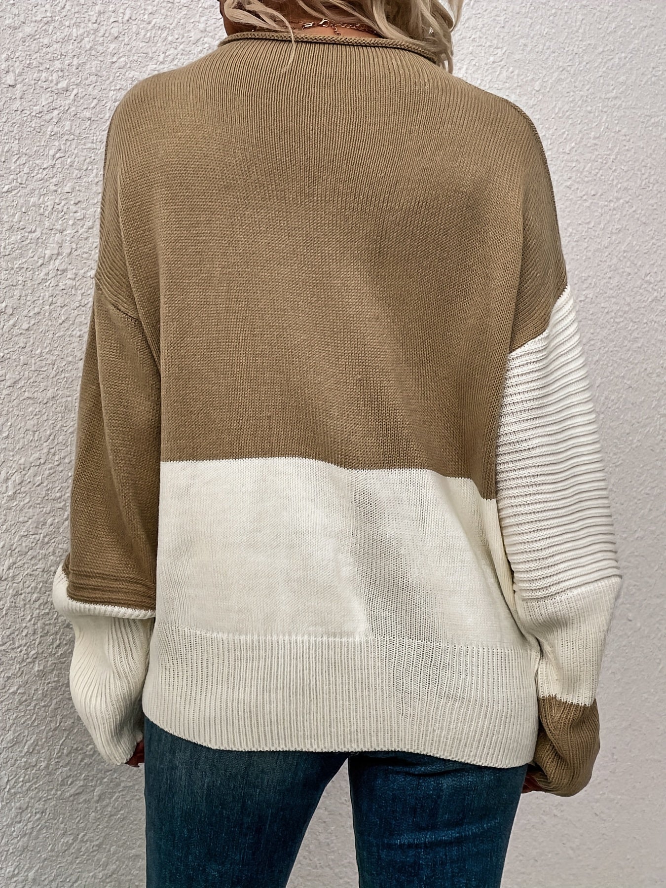 Womens Elegant Color Block Funnel Neck Pullover Sweater - Soft High Elasticity Acrylic Knit Fabric, Long Sleeve Drop Shoulder Design, Easy Care Hand Wash or Dry Clean, Perfect for Fall and Winter - Classic Style for Casual Daily Wear