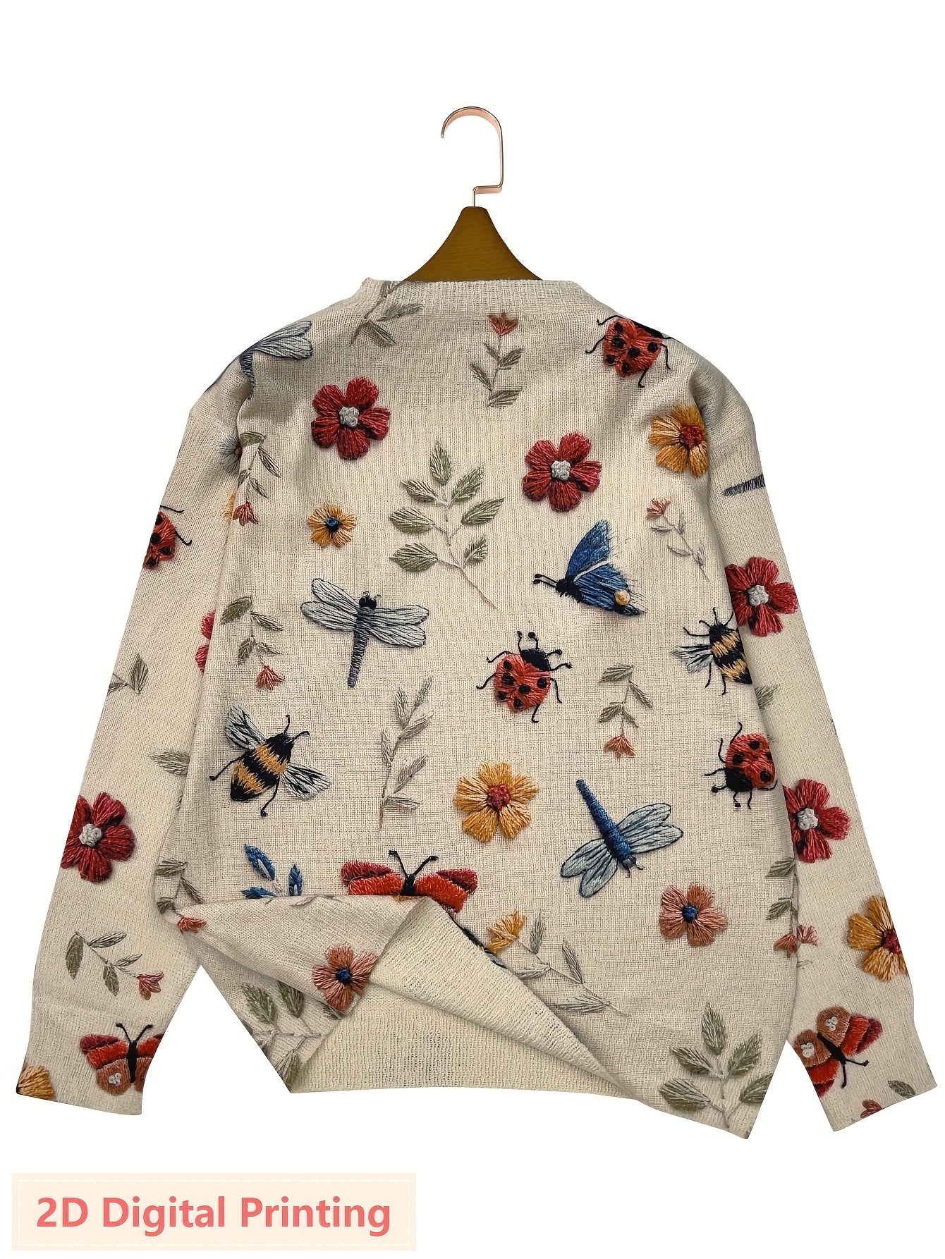 Women'S Lightweight Sweater - 2D Digital Printing-All-Over Floral & Insect Print in Beige/Red/Blue/Black/White/Gray/ - Soft Everyday Pullover for Fall/Winter - Casual Chic Sweater for Everyday & Formal Outfits - Women'S Sweater, Ladies Sweaters,