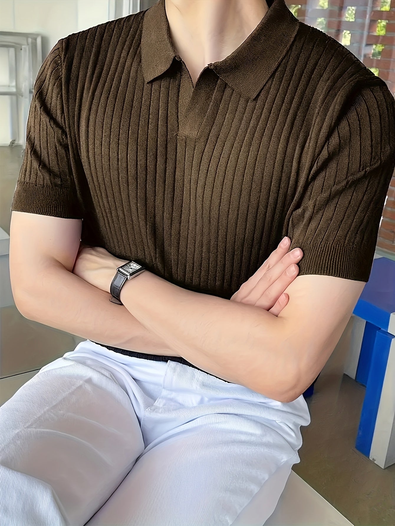 2024 New Men'S Small Hole Short Sleeve Polo Shirt Knitted Sweater - Beige, Medium Stretch, Solid Color, Regular Fit, All-Season Casual Wear, Casual Wear Sweater|Minimalist Style|Knit Construction, Sweater Vest