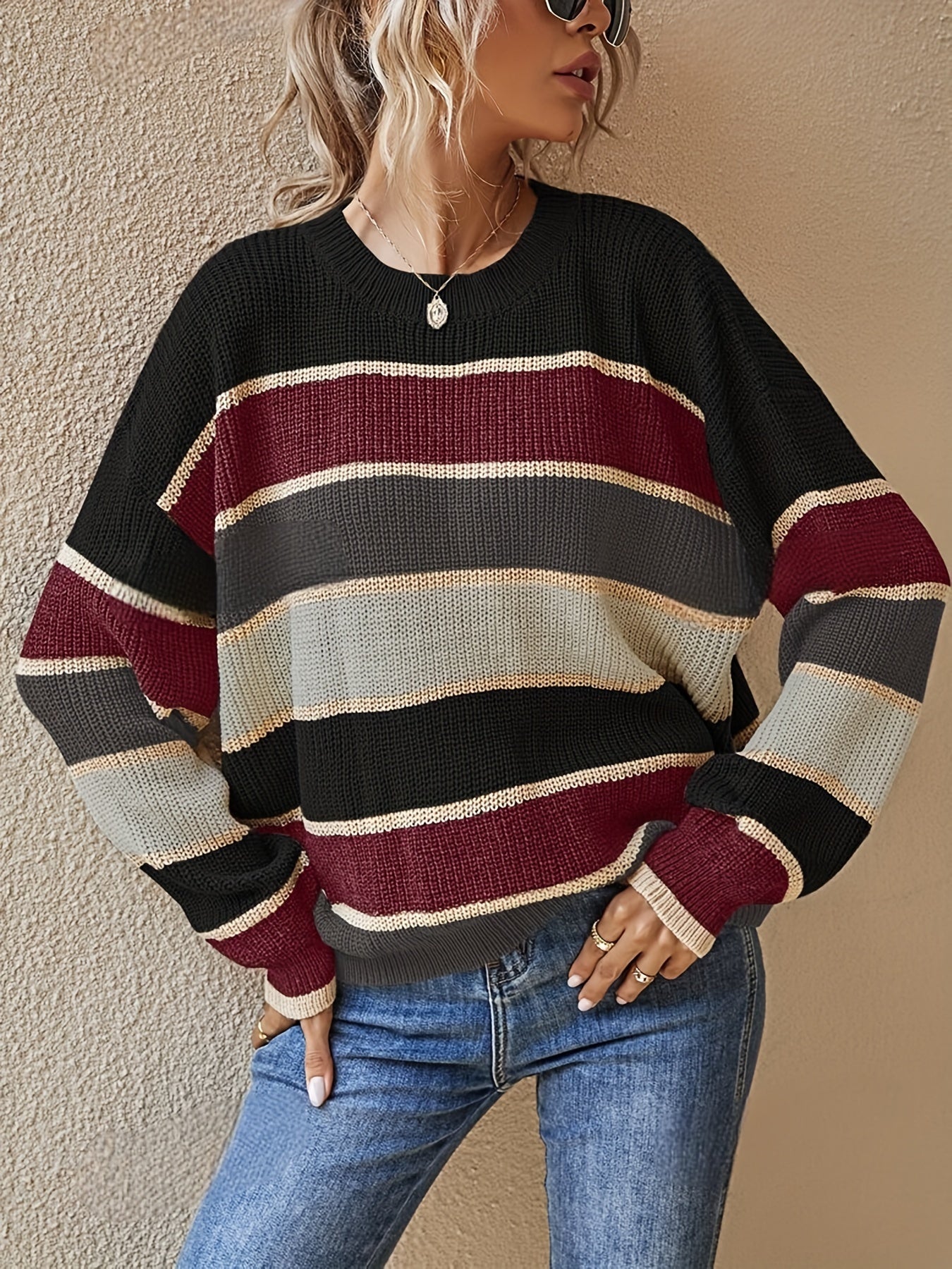 Women'S Color Block Striped Pullover Sweater - Cozy Long Sleeve Crew Neck, Loose Fit, Fall/Winter Casual Top with Green, Brown, and Beige Stripes, Casual Winter Wear | Relaxed Fit Top | Construction, Sweater Dress, Fall Clothe For Women, Fall Sw