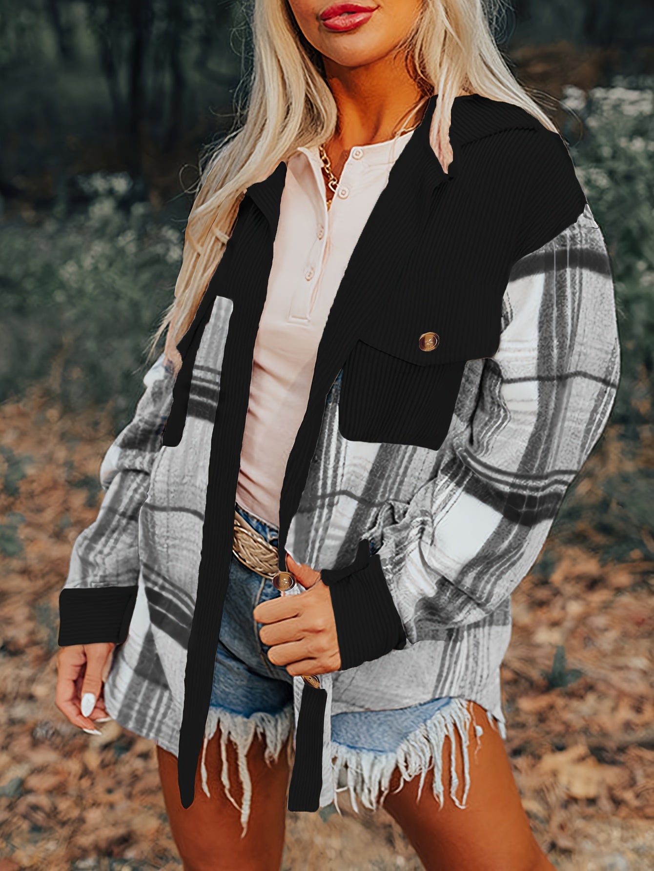 Plaid Print Drop Shoulder Jacket, Casual Lapel Neck Long Sleeve Button Front Jacket For Fall & Spring, Women's Clothing