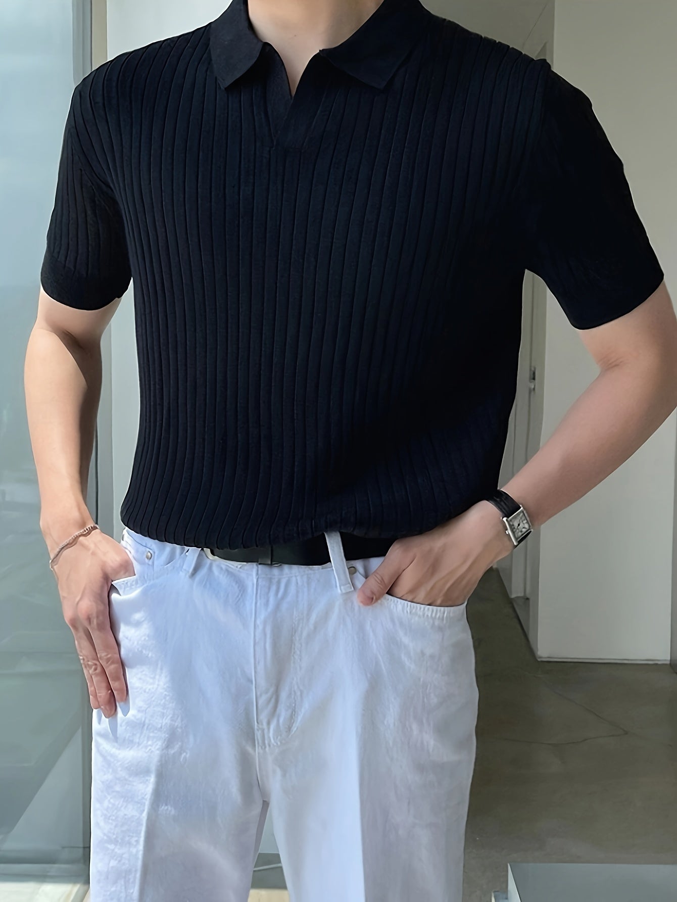 2024 New Men'S Small Hole Short Sleeve Polo Shirt Knitted Sweater - Beige, Medium Stretch, Solid Color, Regular Fit, All-Season Casual Wear, Casual Wear Sweater|Minimalist Style|Knit Construction, Sweater Vest