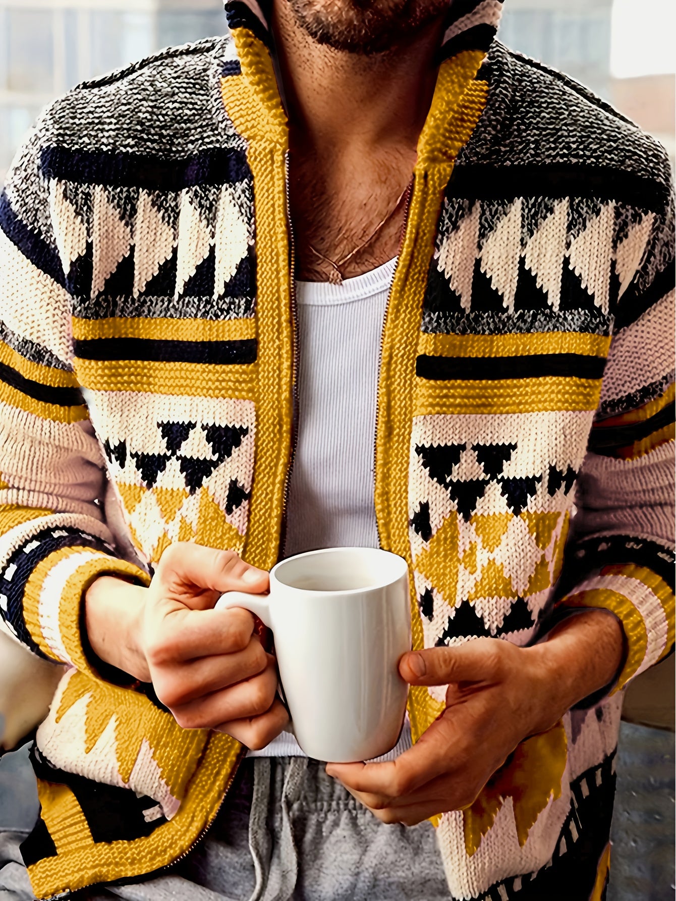 Men's Casual Sport Sweater, Zip-Up Stand Collar Design with Warmth and Style, Rich Color Palette Featuring Geometric Patterns in Unique Ethnic and Retro Aesthetic, Perfect for Autumn and Early Winter Wear