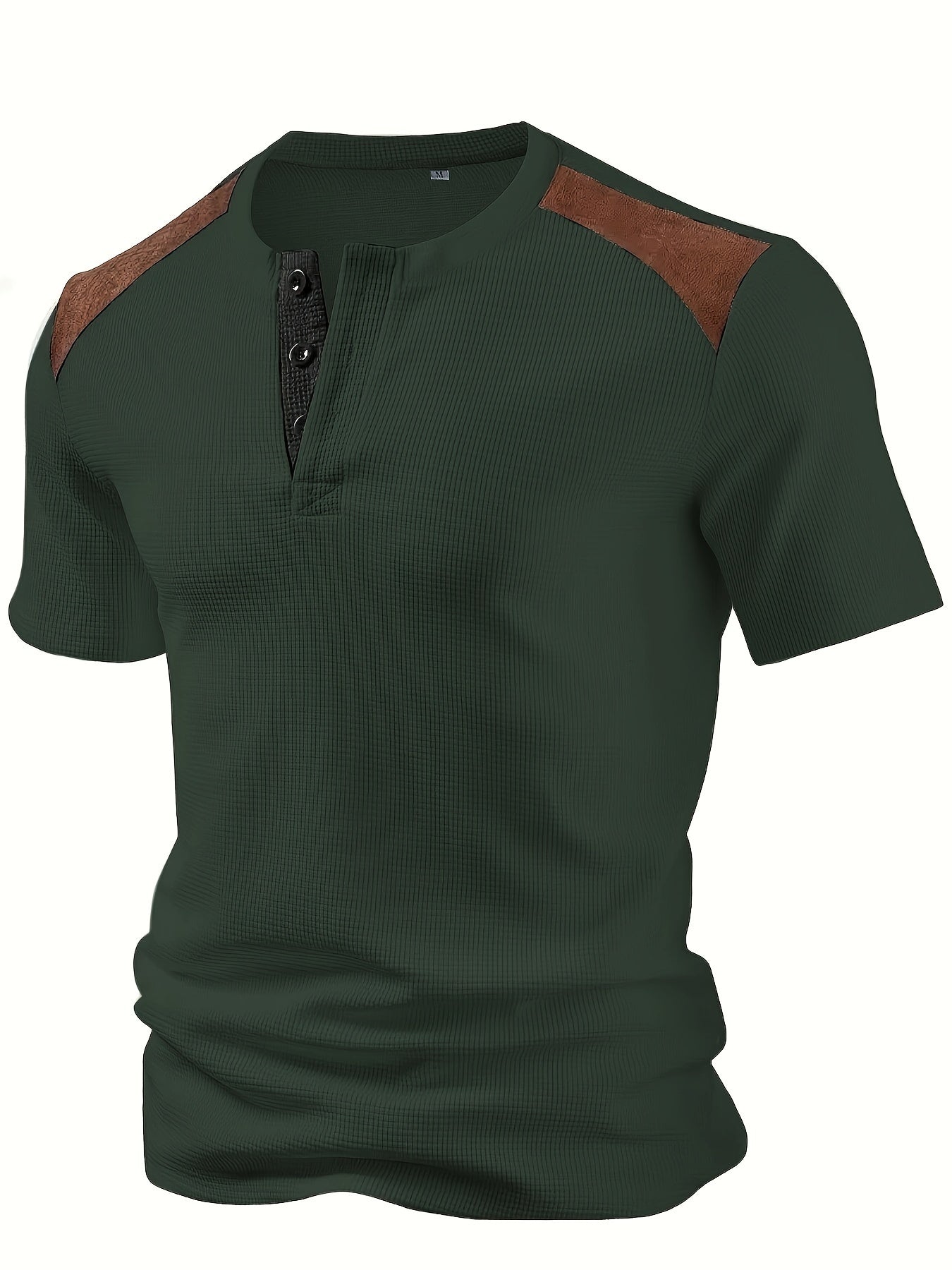Men'S Waffle Texture Two-Tone Henley Shirt - Casual Summer Short Sleeve, Round Neck, Non-Stretch Fabric