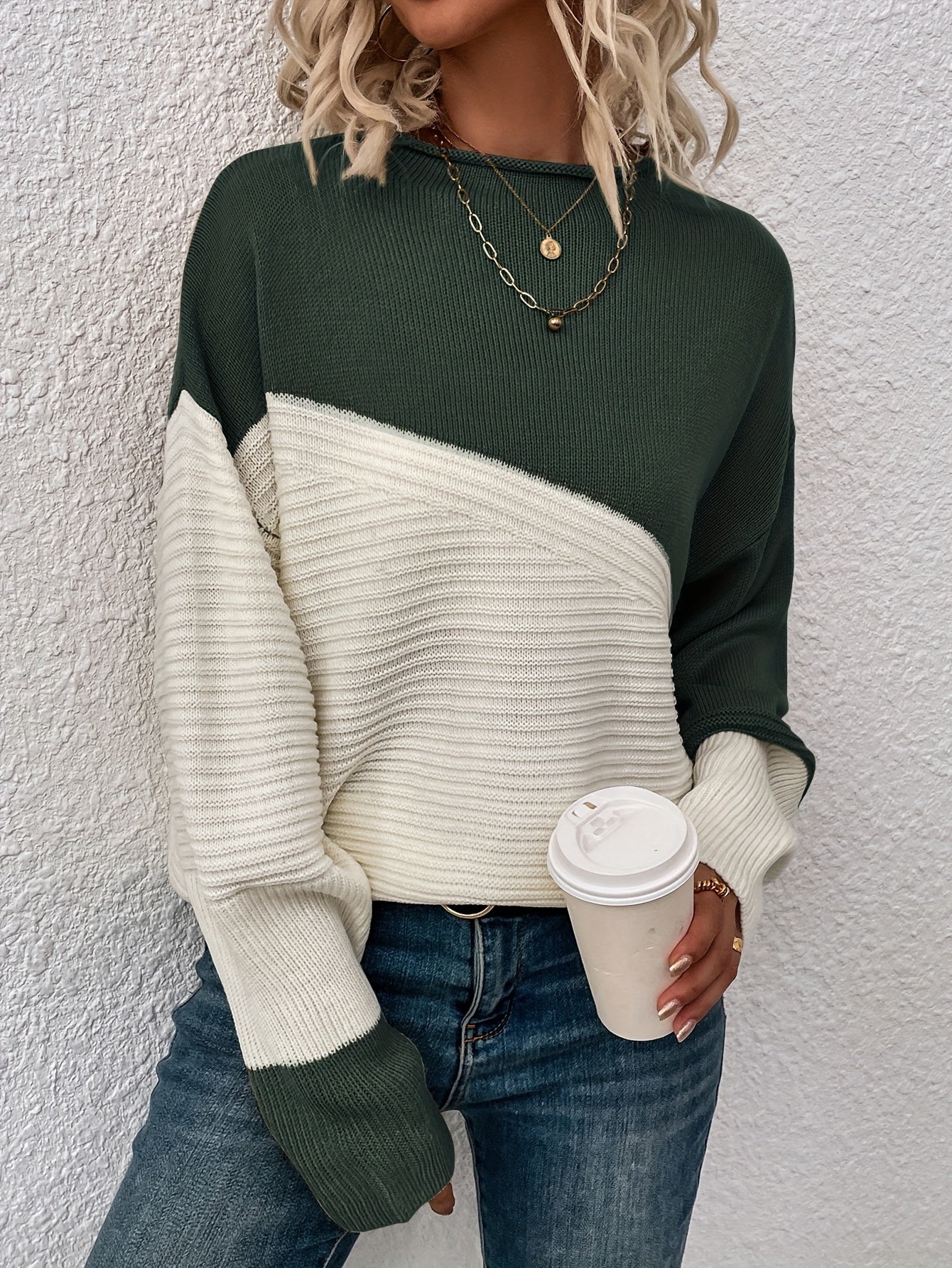 Womens Elegant Color Block Funnel Neck Pullover Sweater - Soft High Elasticity Acrylic Knit Fabric, Long Sleeve Drop Shoulder Design, Easy Care Hand Wash or Dry Clean, Perfect for Fall and Winter - Classic Style for Casual Daily Wear