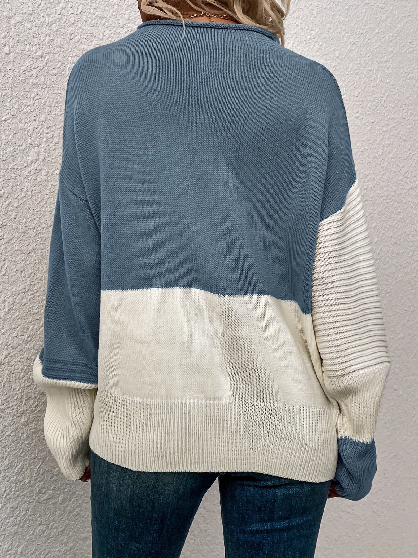 Womens Elegant Color Block Funnel Neck Pullover Sweater - Soft High Elasticity Acrylic Knit Fabric, Long Sleeve Drop Shoulder Design, Easy Care Hand Wash or Dry Clean, Perfect for Fall and Winter - Classic Style for Casual Daily Wear