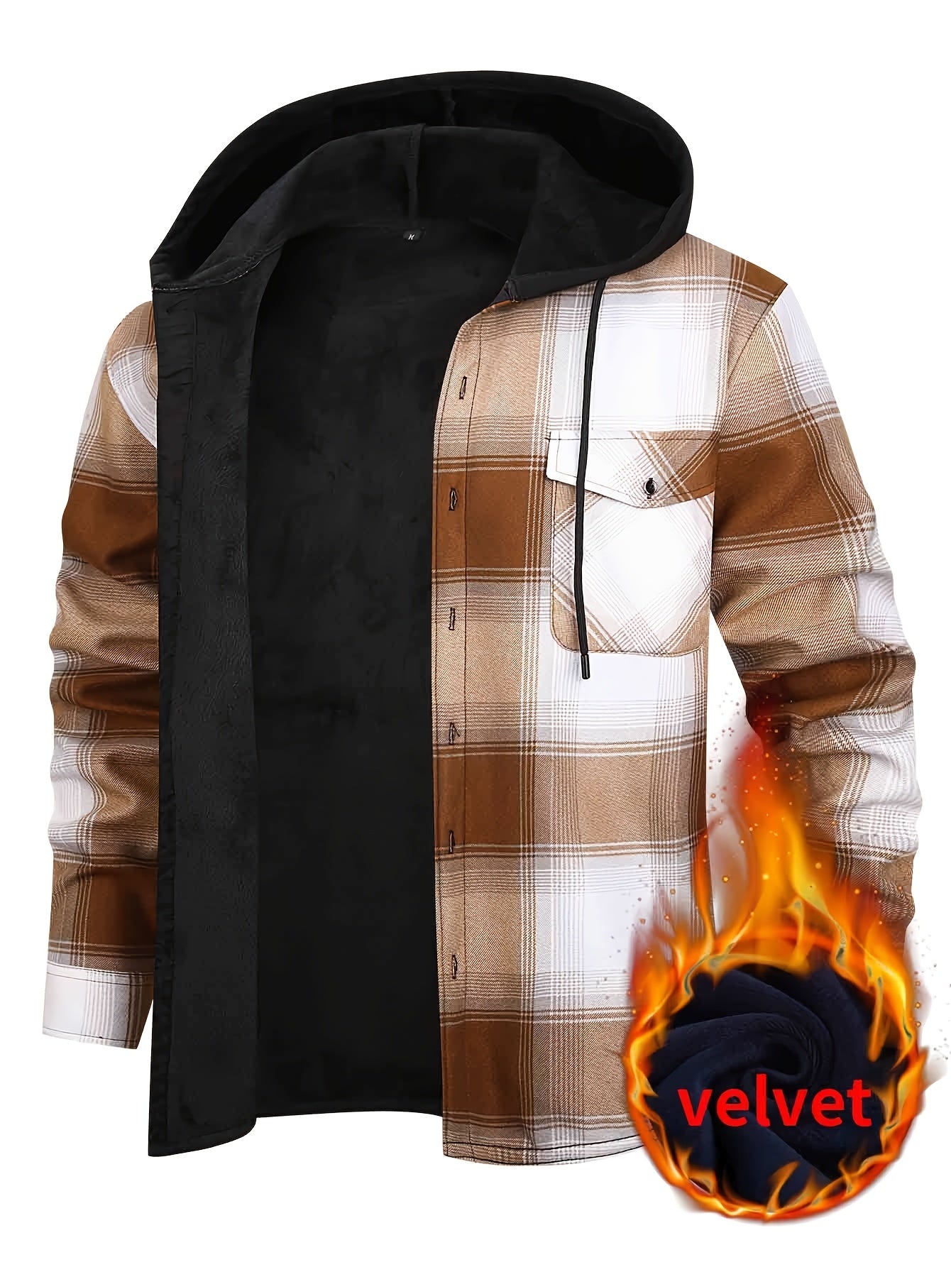 Men's Fleece-Lined Hoodie - Casual & Sporty, Plaid Pullover with Button Detail, Long Sleeve, Loose Fit for Fall/Winter