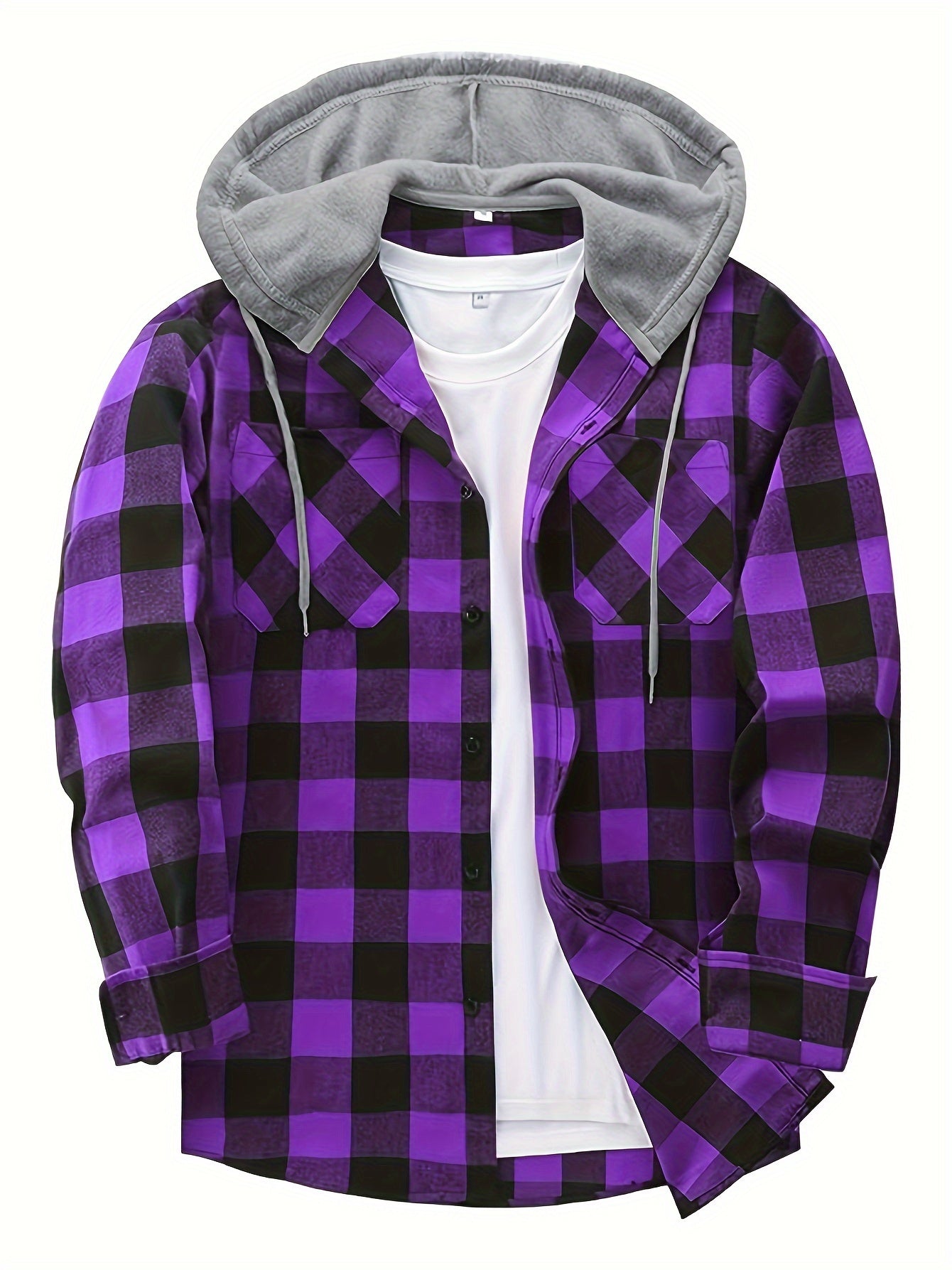 Men's Casual Plaid Hoodie Shirt - Long Sleeve Button-Up with Drawstring Hood, Red & Yellow Gingham Print, Polyester Blend, Comfortable and Stylish for Casual Attire, Essential Hoodie