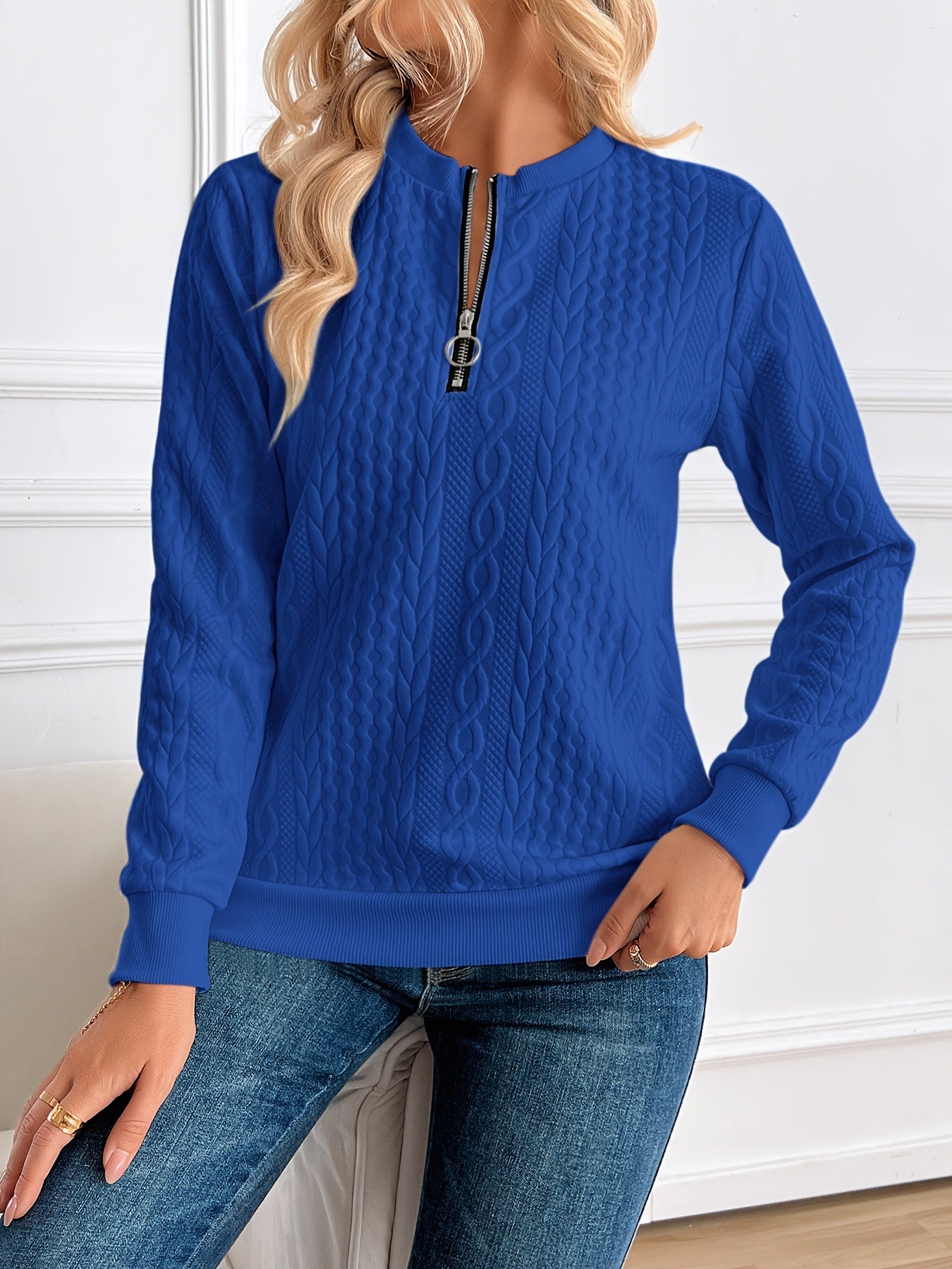 Chic Women's Half-Zip Pullover Sweatshirt - Elegant Solid Color Long Sleeve with Textured Cable Knit, Baseball Collar & Front Zipper, Polyester Blend, Machine Washable, Spring/Fall Casual Wear, Everyday Sweatshirt | Baseball Collar Top | Ribbed