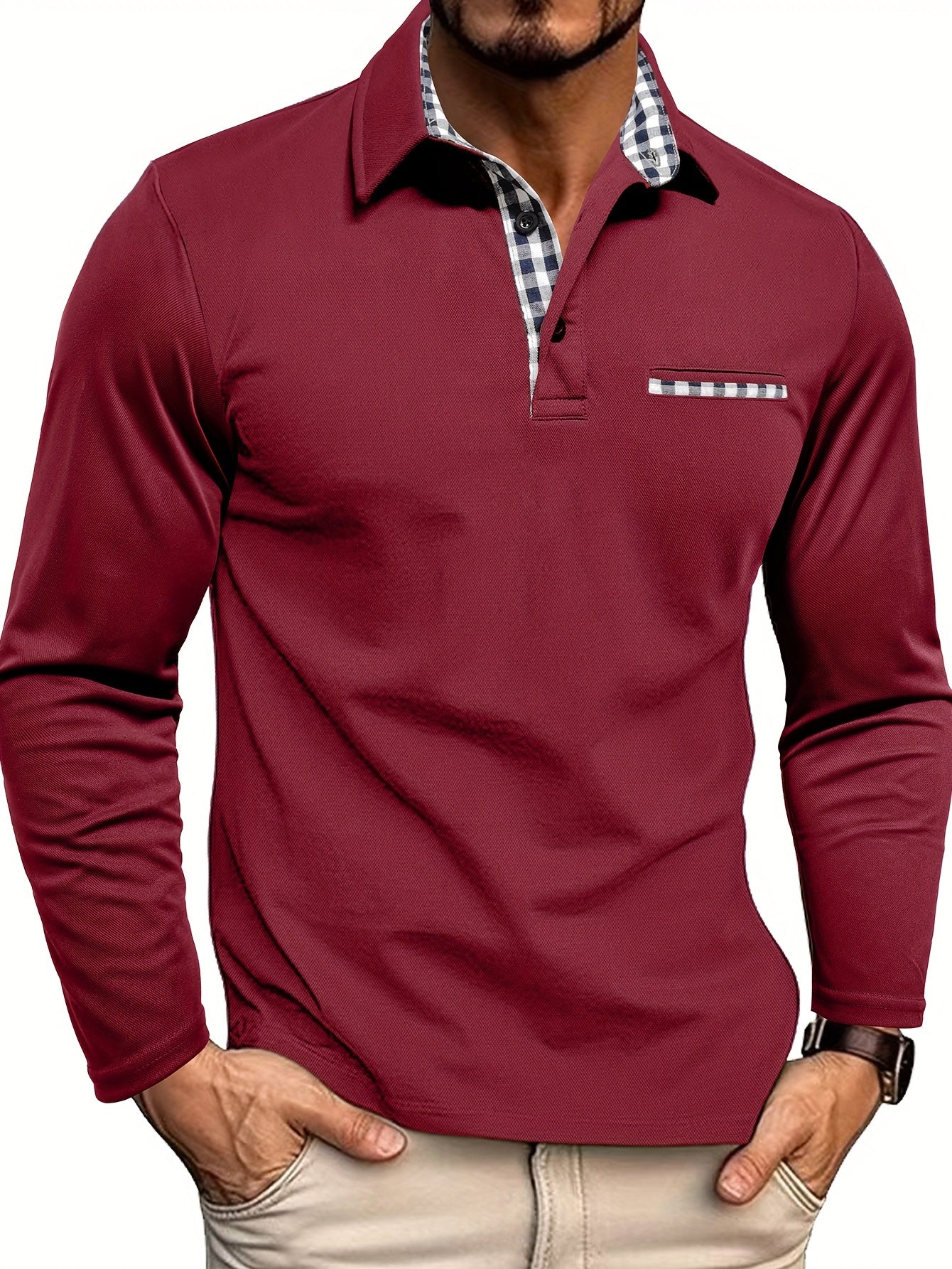 2024 Fall Casual Men'S Long Sleeve Polo Shirt with Color Block Design, Polyester Knit Fabric, Regular Fit, Half Placket, and Slight Stretch