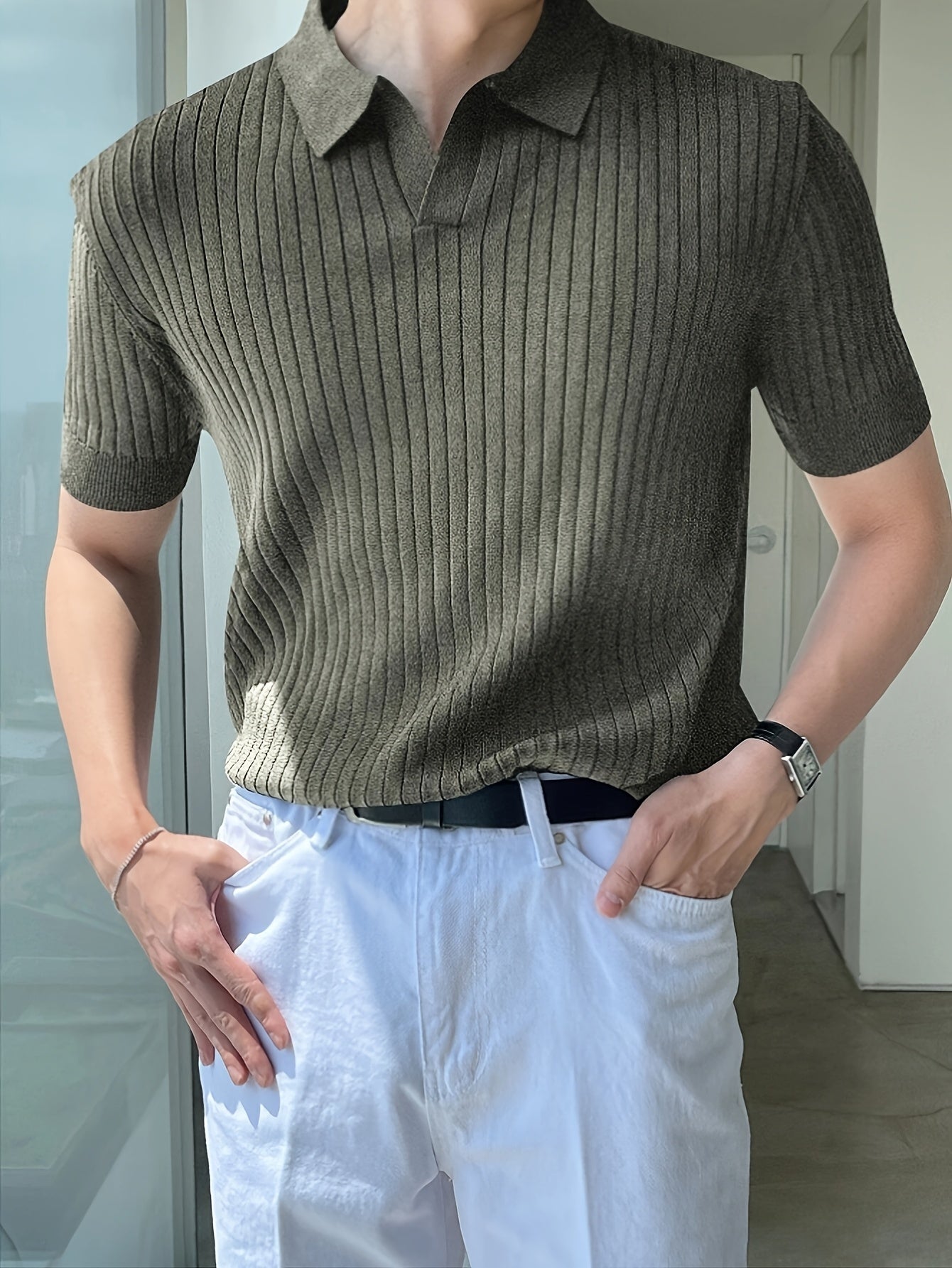 2024 New Men'S Small Hole Short Sleeve Polo Shirt Knitted Sweater - Beige, Medium Stretch, Solid Color, Regular Fit, All-Season Casual Wear, Casual Wear Sweater|Minimalist Style|Knit Construction, Sweater Vest