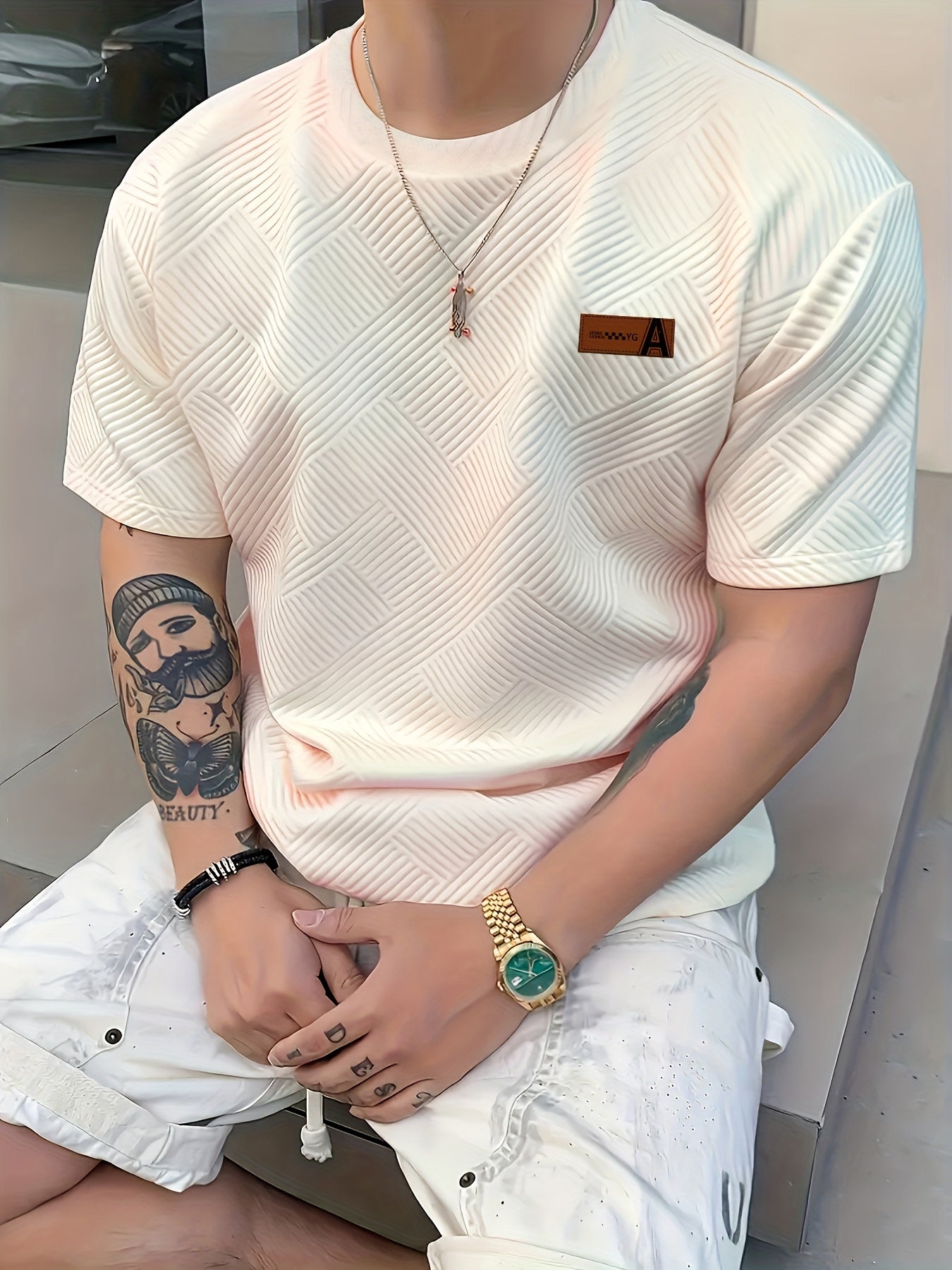 Men'S Casual Beige Short Sleeve T-Shirt with AFA Logo - 100% Polyester Knit, Lightweight & Breathable, Round Neck, Slight Stretch Fabric, Perfect for Casual Attir