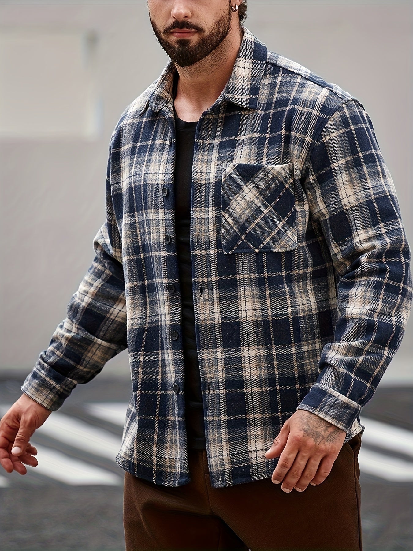 Men's Casual Flannel Shirt Coat - Solid Color Lapel Button-Up with Chest Pocket, Machine Washable Non-Stretch Fabric, Regular Fit Autumn Winter Outerwear, Autumn Apparel, Flannel, Long Sleeve Button Casual Shirt