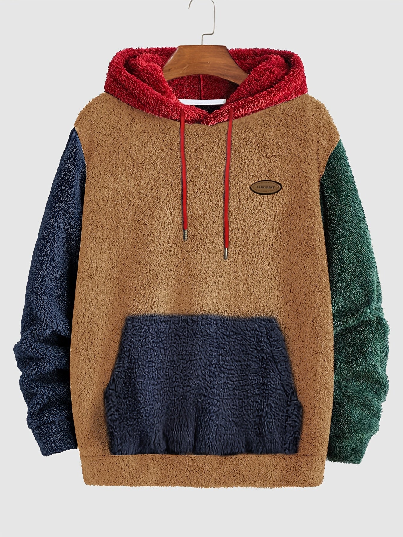 Men's Multicolor Plush Hoodie with Contrast Embroidery, Warm for Autumn/Winter, Long Sleeve, Machine Washable