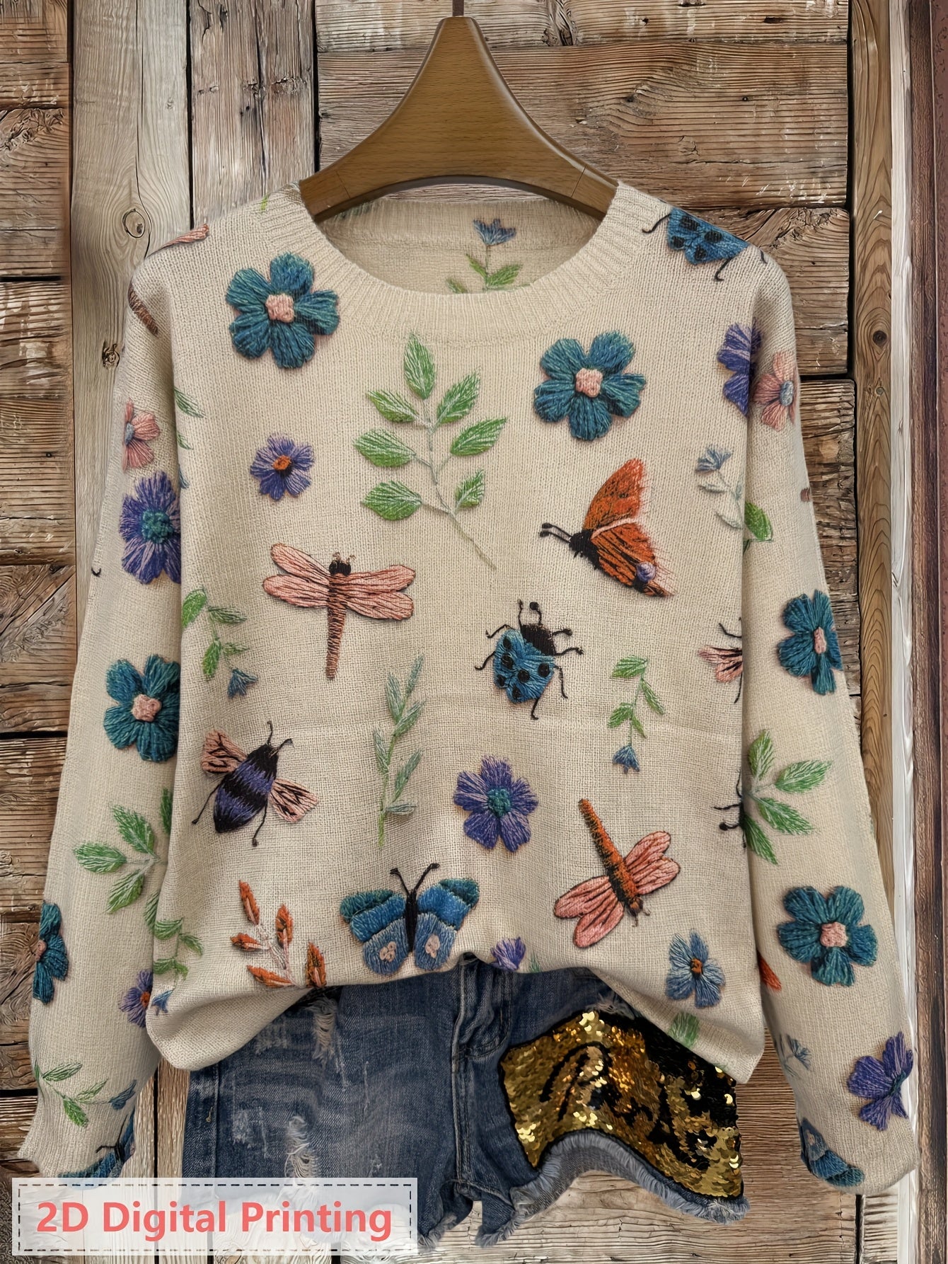 Women'S Lightweight Sweater - 2D Digital Printing-All-Over Floral & Insect Print in Beige/Red/Blue/Black/White/Gray/ - Soft Everyday Pullover for Fall/Winter - Casual Chic Sweater for Everyday & Formal Outfits - Women'S Sweater, Ladies Sweaters,