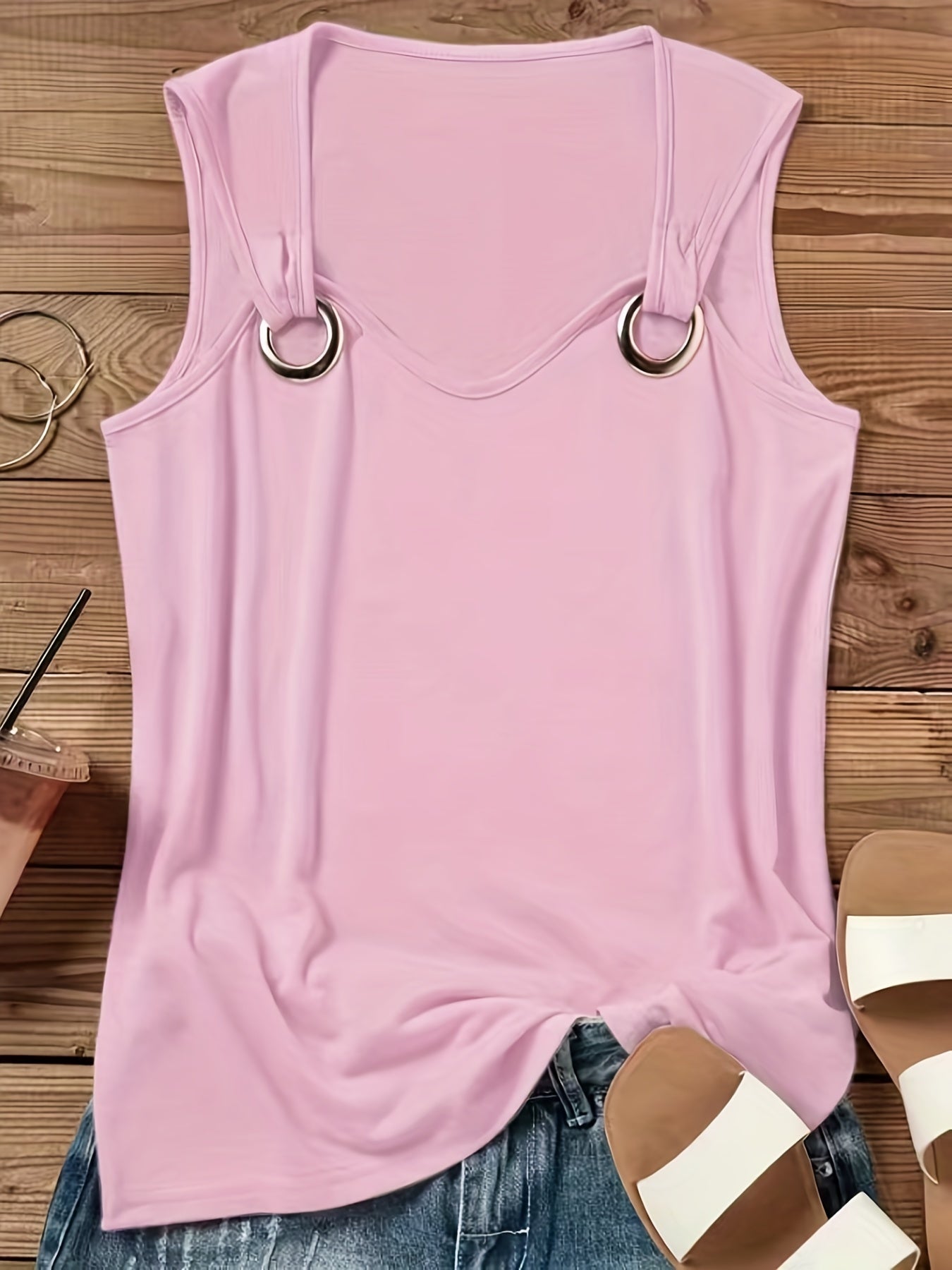 Women's Casual Sleeveless Crew Neck Tank Top - Vibrant Coral Solid Color with Keyhole Cutouts & Ring Detail, Lightweight Summer Top, Machine Washable, Ladies Tank Tops, Easycare Clothing