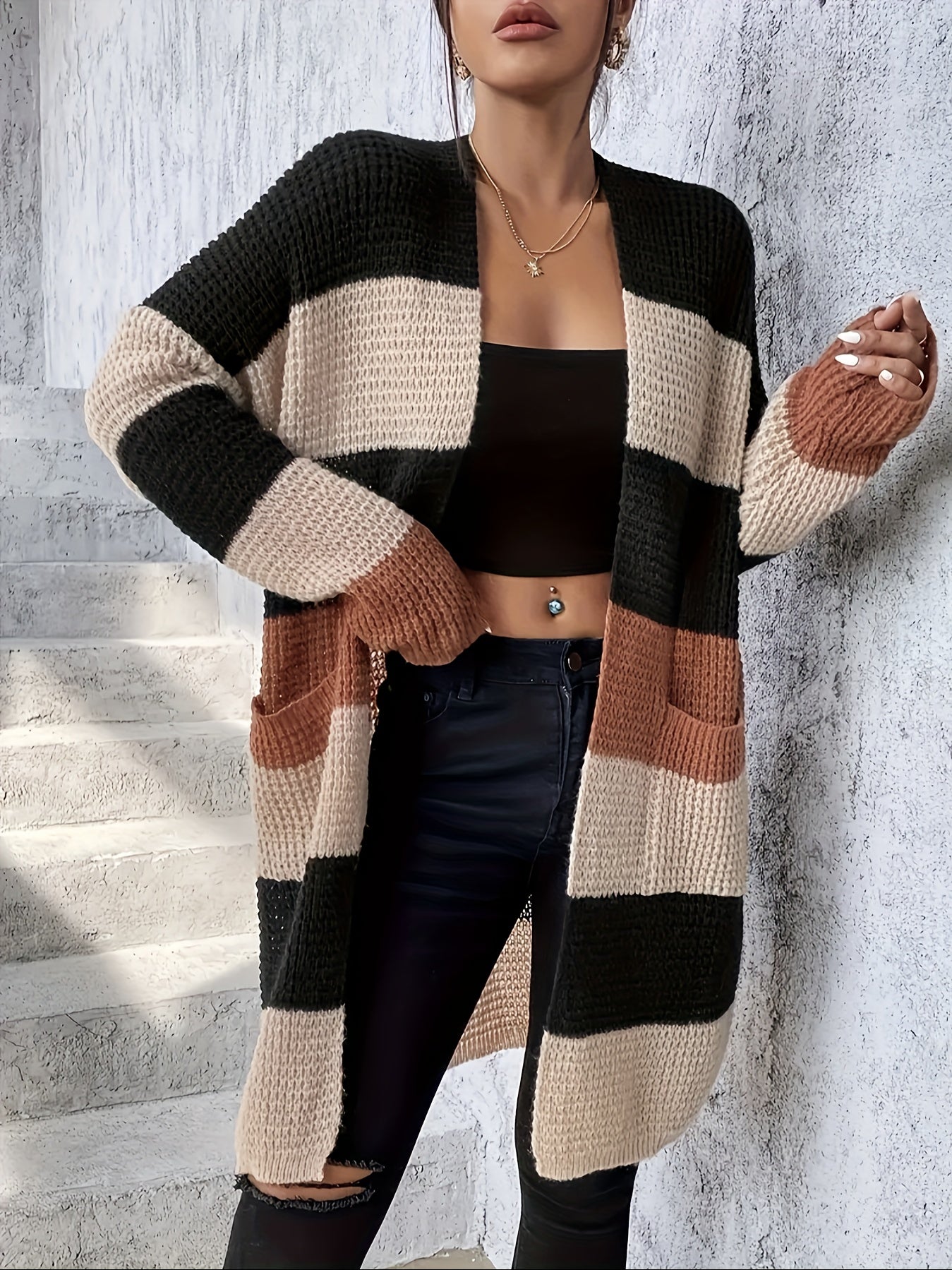 Long Sleeve Color Block Pockets Cardigan for Fall & Winter, Casual Women's Clothing