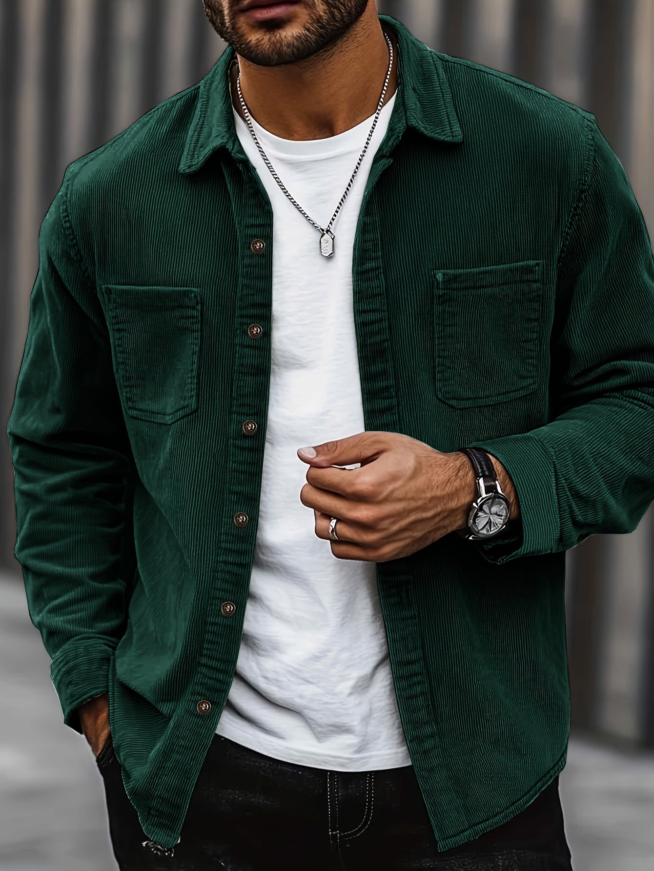 Men'S Corduroy Casual Shirt Jacket - Classic Collar, Button-Up Long Sleeve with Double Chest Pockets, Light Blue, Perfect for Spring & Fall, Everyday Fashion, Street Style, and Office Wear