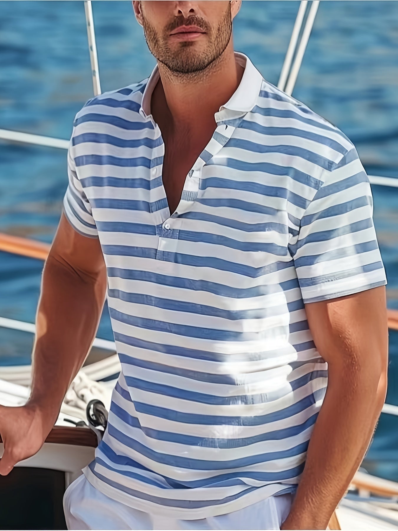 Men'S Short-Sleeve Polo Shirt with Print Stripes for Casual Summer Wear.