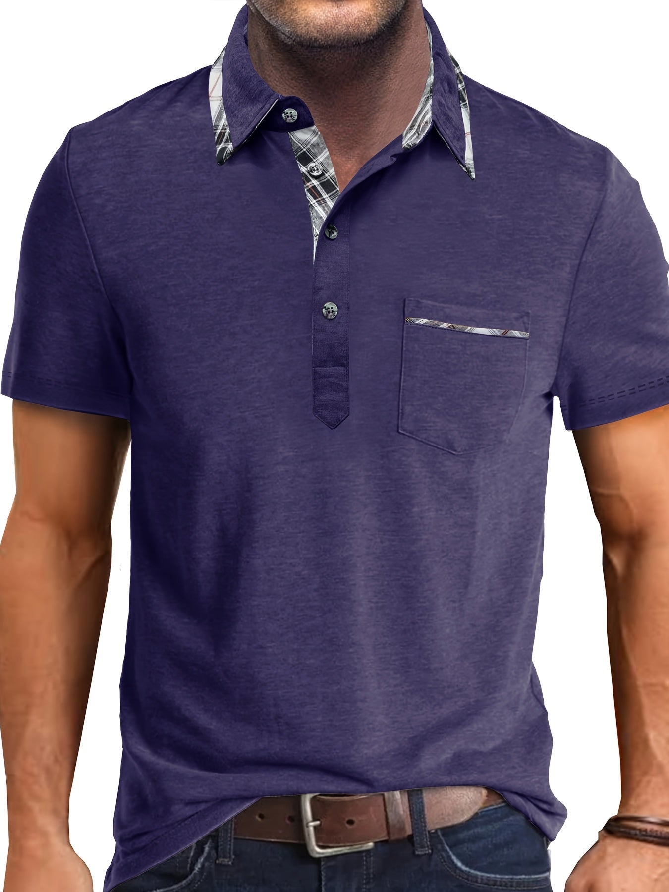 Men'S Plus Size Short Sleeve Polo Shirt with Plaid Collar and Button Details - Casual Summer Style, Regular Fit, Slight Stretch Fabric, Plus Size Shirts, PLUS SIZE