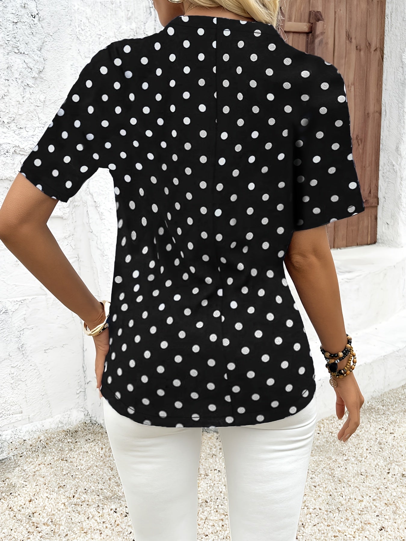 Elegant V Neck Short Sleeve Blouse - Polka Dots Print, Zipper Front, For Spring & Summer, Women's Clothing