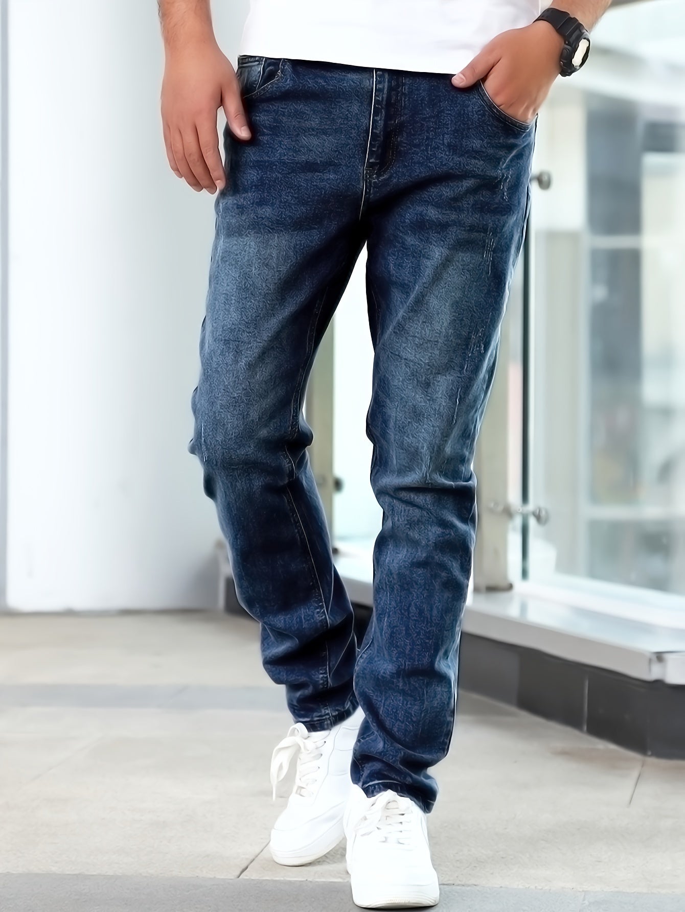 Men'S Slim-Fit Stretch Denim Jeans - Light Blue, Casual Style, All-Season Comfort, Regular Fit, Solid Color, Washed Finish, Perfect for Teens, Teenage Fashion|Casual Style Jeans|Woven Denim