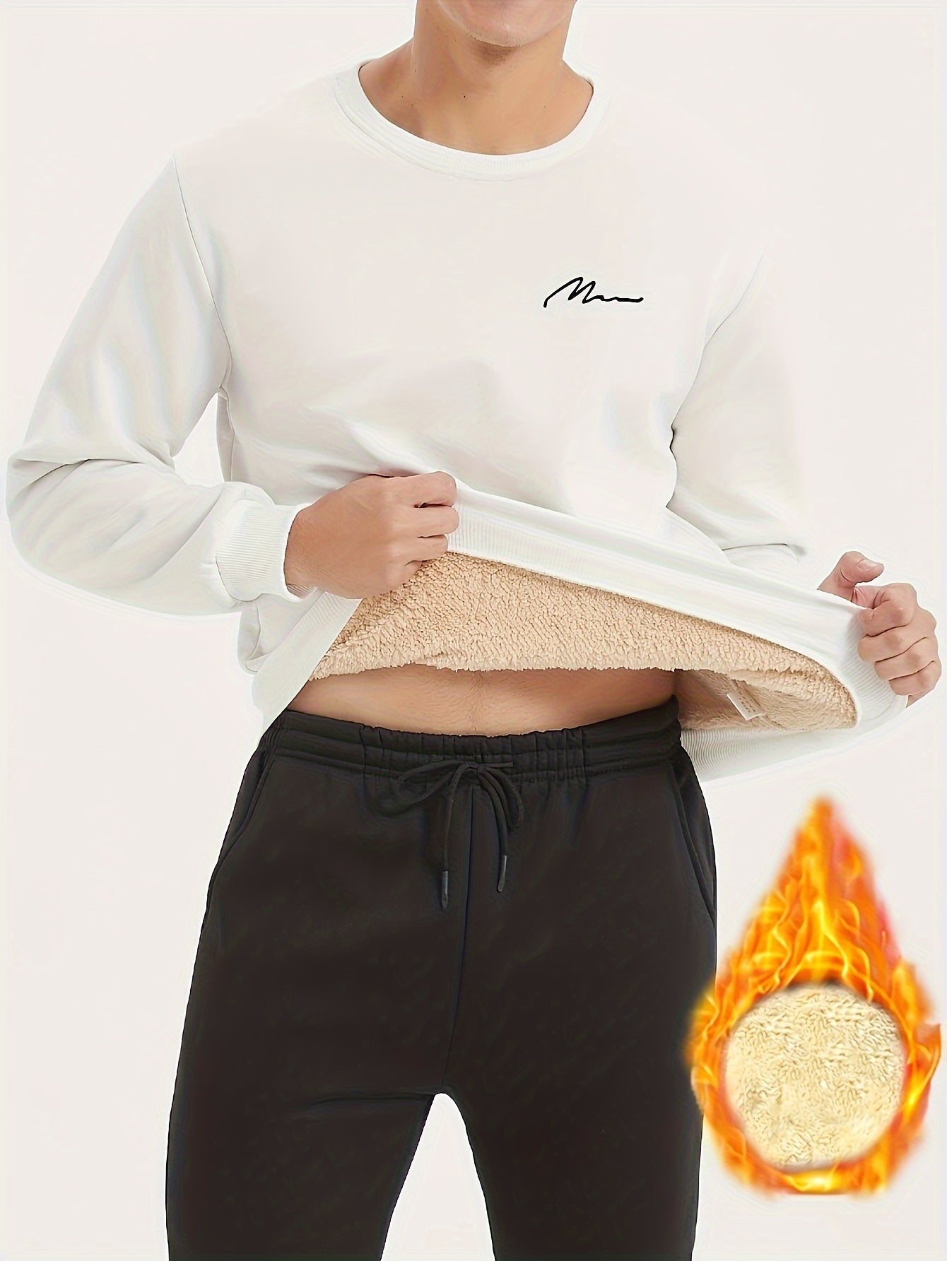 Men's Winter Warm Fleece-Lined Crew Neck Sweatshirt - Casual Black Long Sleeve with MOM" Embroidery