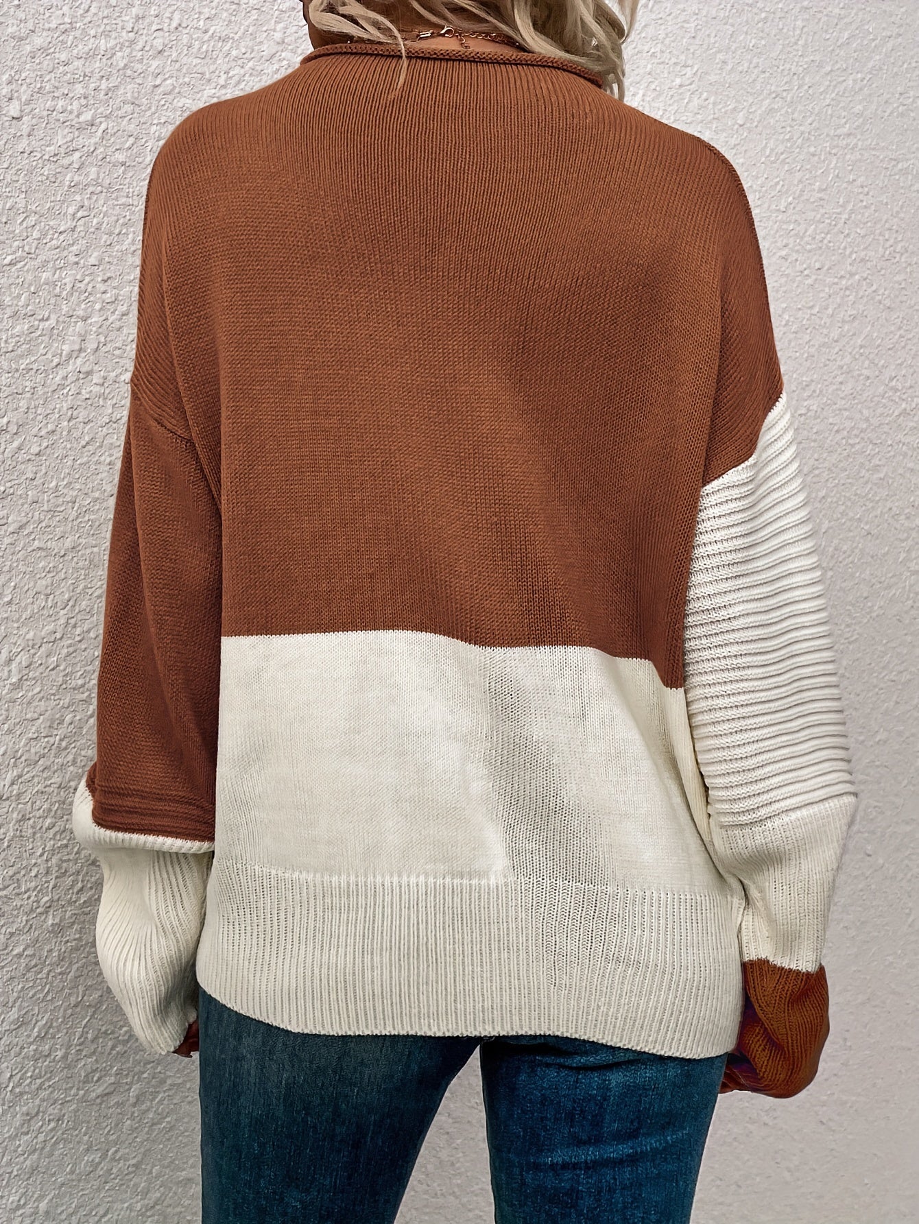 Womens Elegant Color Block Funnel Neck Pullover Sweater - Soft High Elasticity Acrylic Knit Fabric, Long Sleeve Drop Shoulder Design, Easy Care Hand Wash or Dry Clean, Perfect for Fall and Winter - Classic Style for Casual Daily Wear