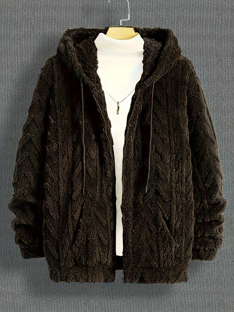 Fleece Polyester Knit Hooded Zip Long Sleeve Jacket