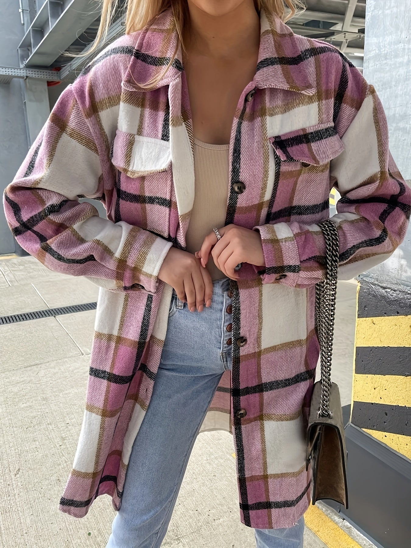 Stylish Plaid Print Womens Long Jacket - Relaxed Casual Button Front with Flap Pockets - Durable Outerwear for Everyday Fashion