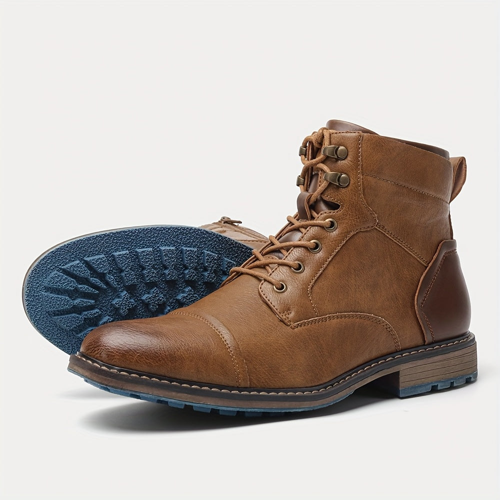 Men'S Boots in Brown with PU Patchwork Upper, Side Zipper, And Two-Tone Rubber Sole.