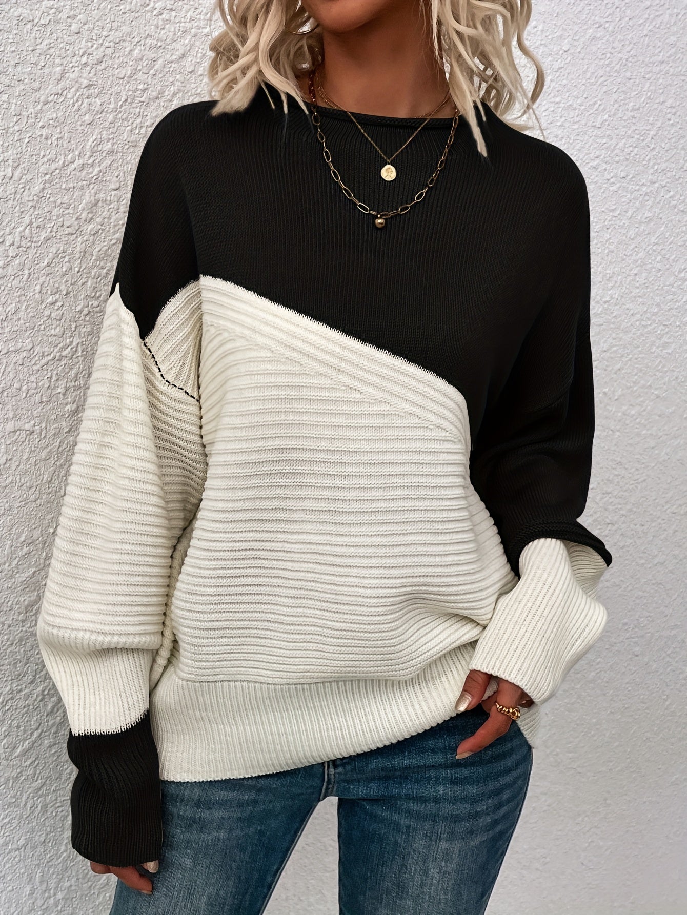 Womens Elegant Color Block Funnel Neck Pullover Sweater - Soft High Elasticity Acrylic Knit Fabric, Long Sleeve Drop Shoulder Design, Easy Care Hand Wash or Dry Clean, Perfect for Fall and Winter - Classic Style for Casual Daily Wear