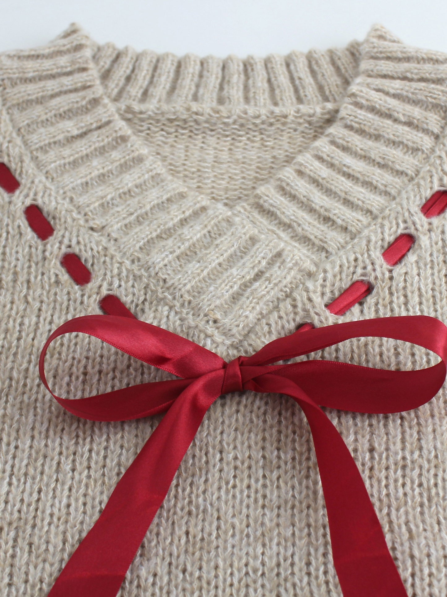 Long Sleeve Elegant V Neck Sweater for Spring & Fall, Bow Design Women's Clothing