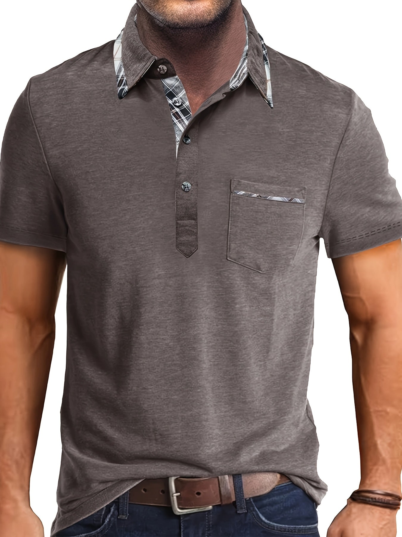 Men'S Plus Size Short Sleeve Polo Shirt with Plaid Collar and Button Details - Casual Summer Style, Regular Fit, Slight Stretch Fabric, Plus Size Shirts, PLUS SIZE