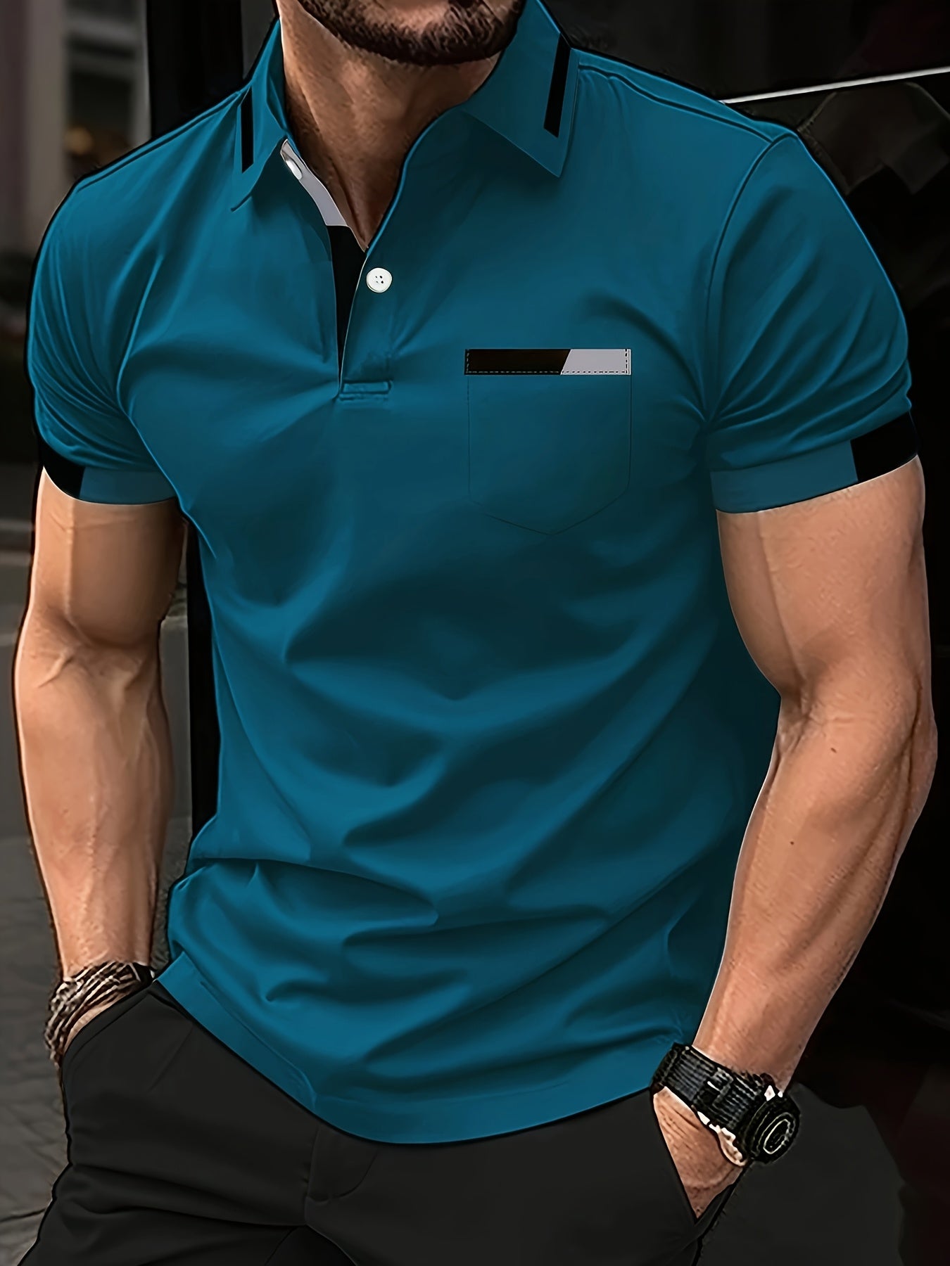 Men'S Casual Print Short-Sleeve Polo Shirt - Light Gray with Black & White Geometric Design, Comfortable Lapel Collar, Button-Up Front & Chest Pocket