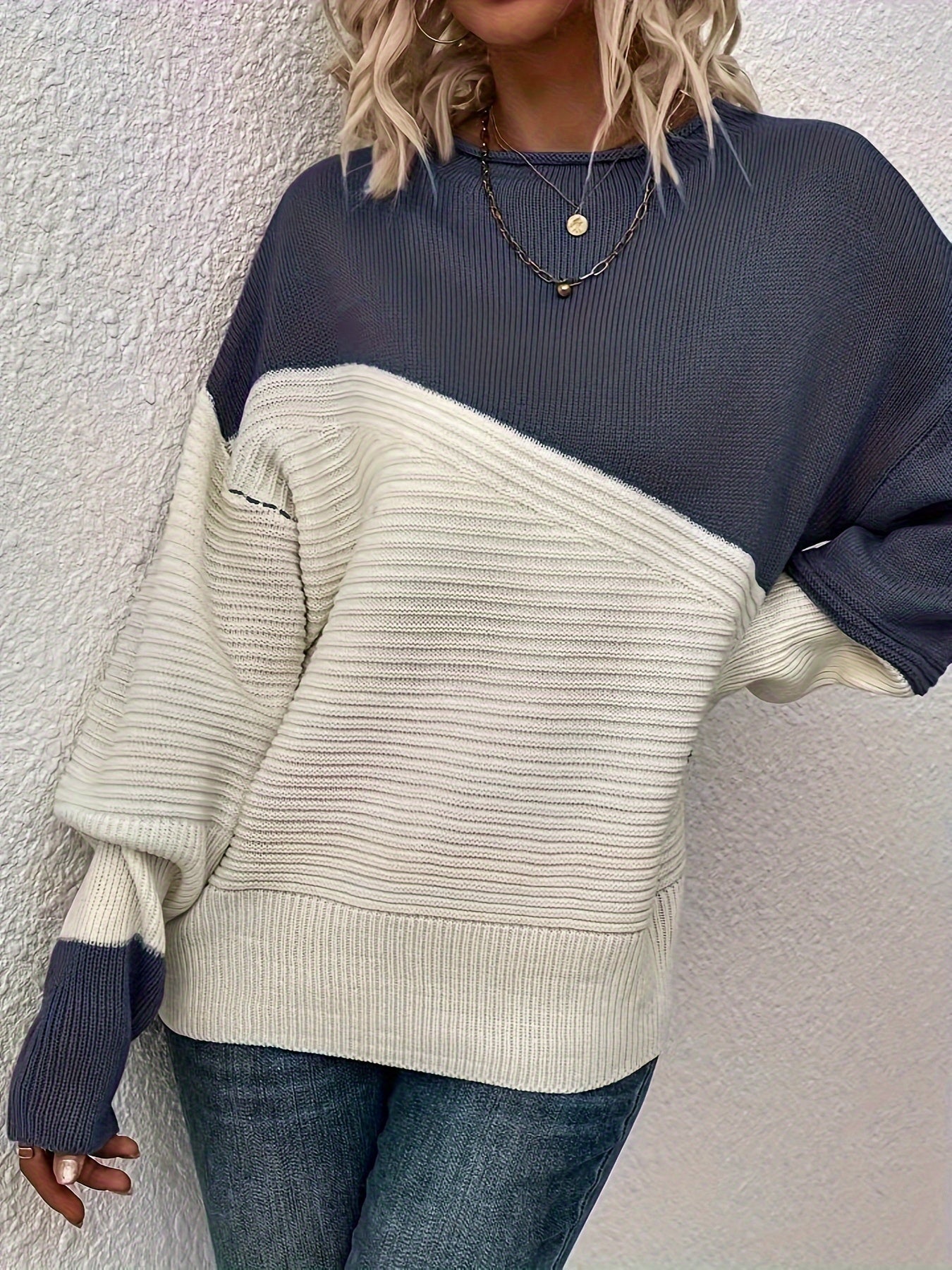 Womens Elegant Color Block Funnel Neck Pullover Sweater - Soft High Elasticity Acrylic Knit Fabric, Long Sleeve Drop Shoulder Design, Easy Care Hand Wash or Dry Clean, Perfect for Fall and Winter - Classic Style for Casual Daily Wear