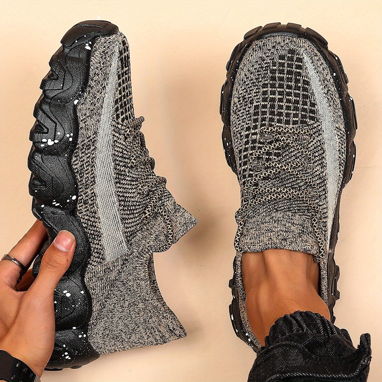 Men'S Casual Sneakers - Breathable Knit Upper, Geometric Pattern, Lace-Up Closure, Durable Rubber Sole, Comfortable Fabric Lining for Spring Sports & Casual Attire, Athletic Footwear | Geometric Pattern Shoes | Knit Construction, Sneakers