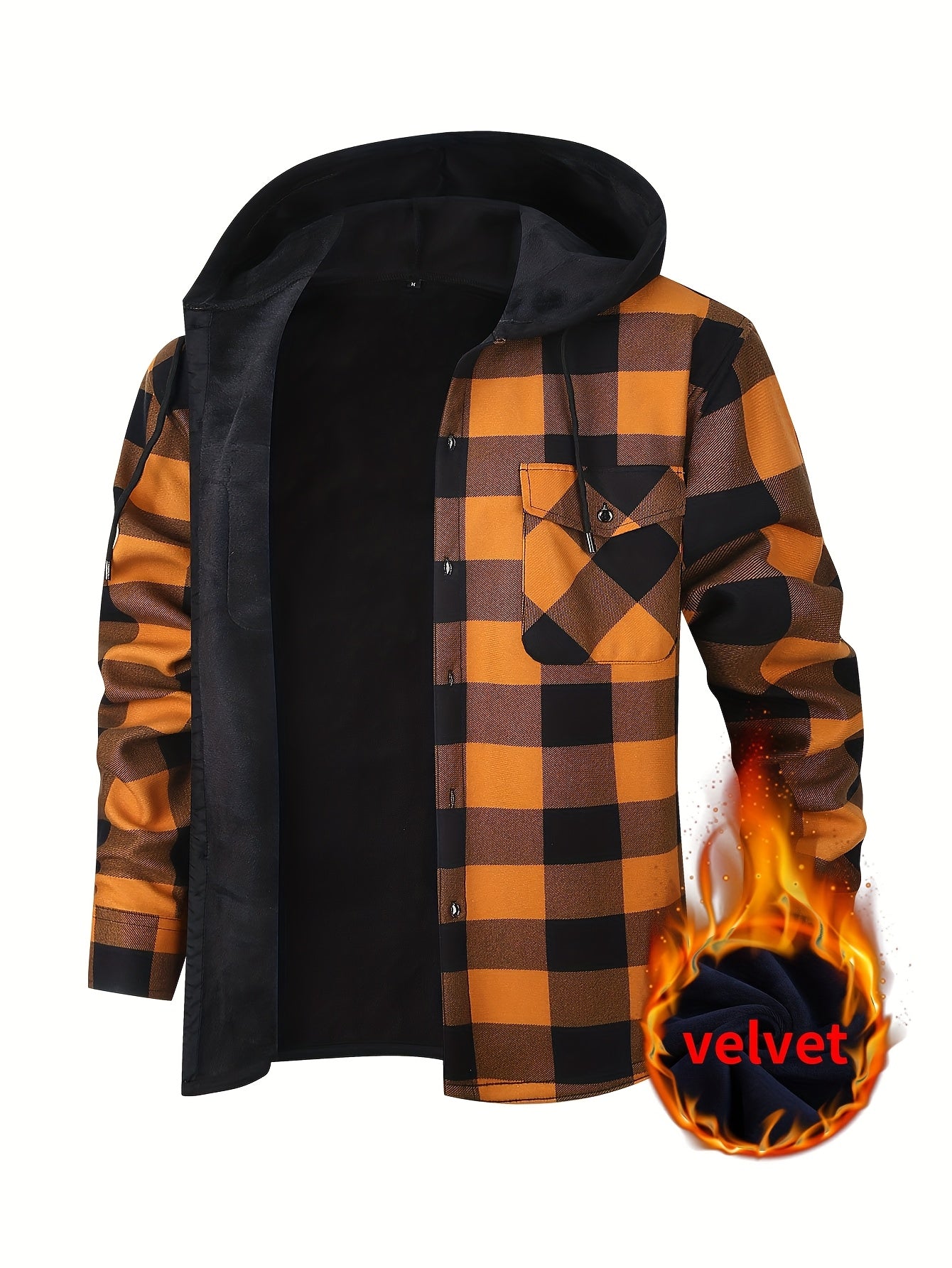 Men's Fleece-Lined Hoodie - Casual & Sporty, Plaid Pullover with Button Detail, Long Sleeve, Loose Fit for Fall/Winter