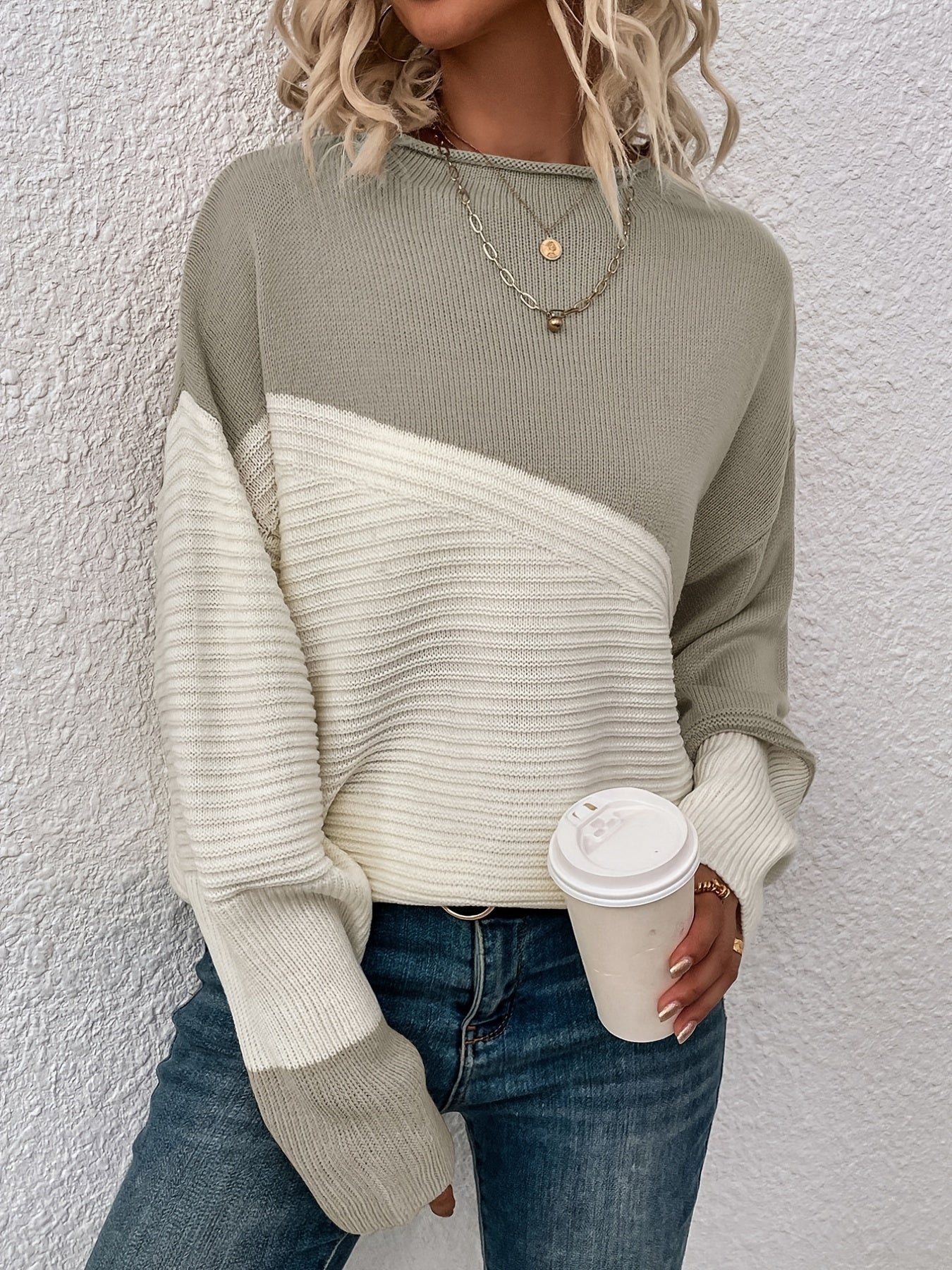 Womens Elegant Color Block Funnel Neck Pullover Sweater - Soft High Elasticity Acrylic Knit Fabric, Long Sleeve Drop Shoulder Design, Easy Care Hand Wash or Dry Clean, Perfect for Fall and Winter - Classic Style for Casual Daily Wear
