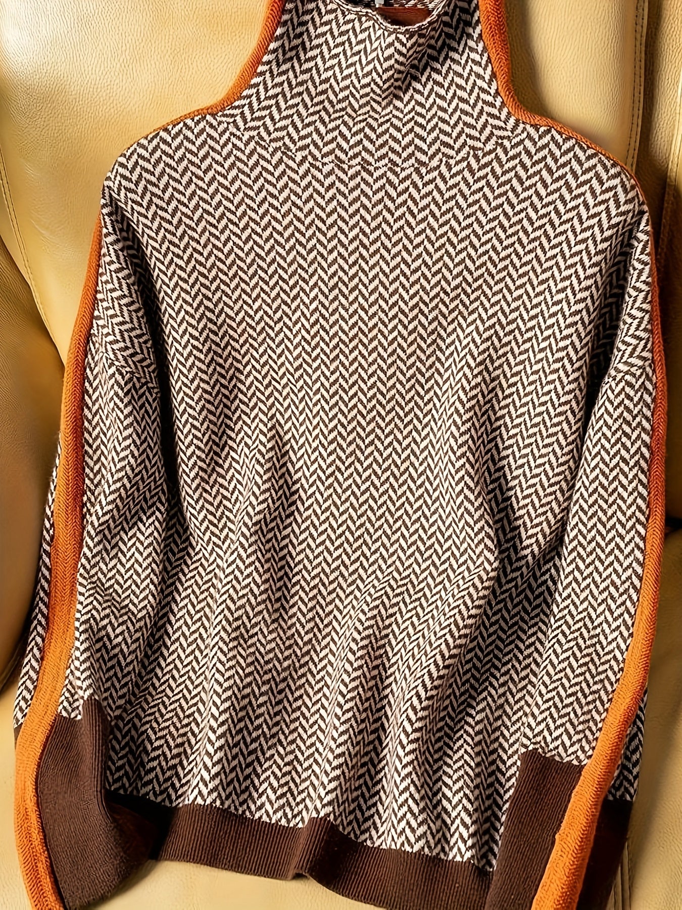 Women's Elegant Sweater - Chic Black, Brown, Beige, Orange Accent Sweater for Fall/Winter, Office, Party, Everyday Outfits - Non-Transparent Sweater Pullover, Cute Sweater, Fall Winter Clothing, Medium Elasticity Fabric