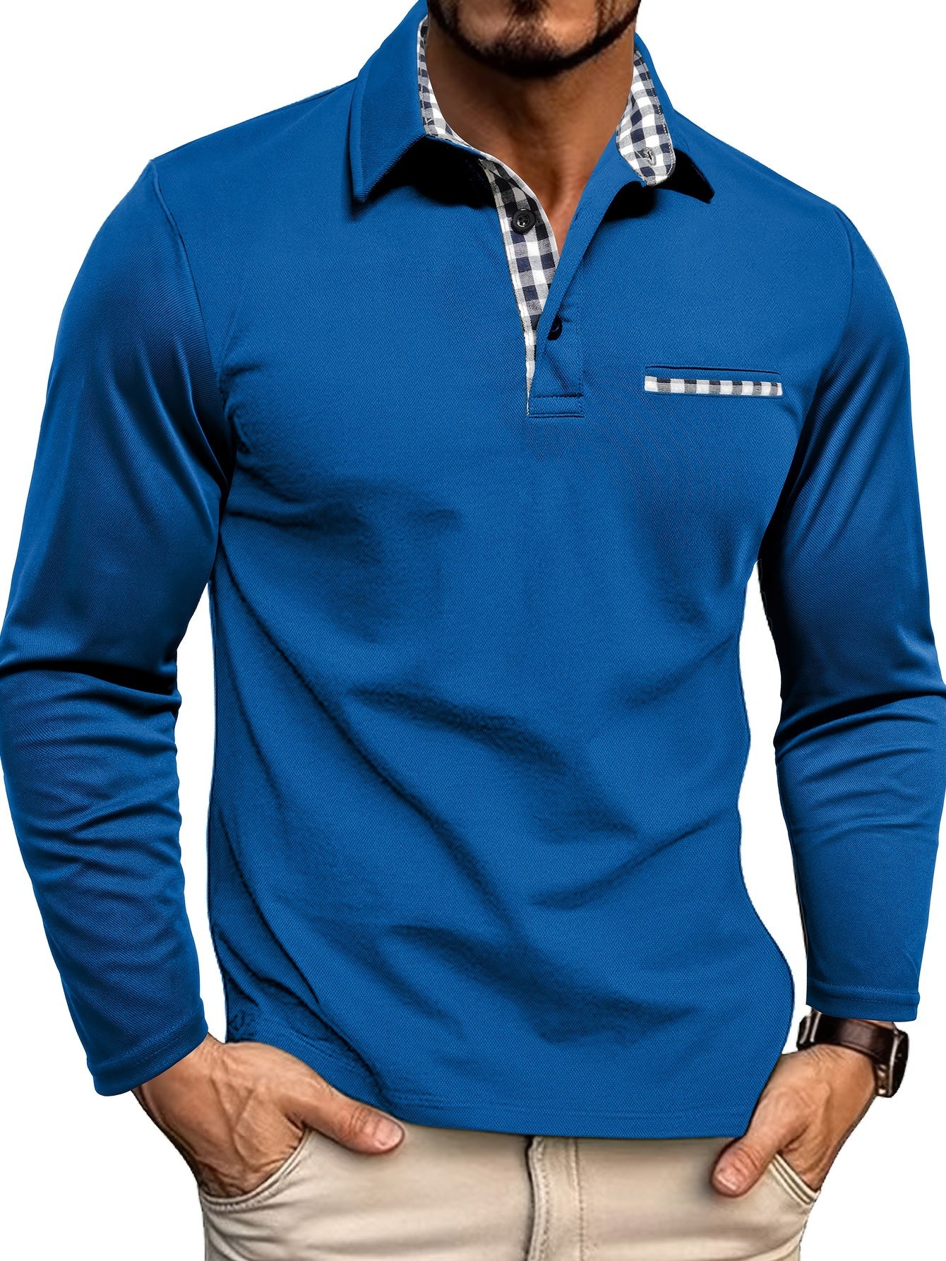 2024 Fall Casual Men'S Long Sleeve Polo Shirt with Color Block Design, Polyester Knit Fabric, Regular Fit, Half Placket, and Slight Stretch