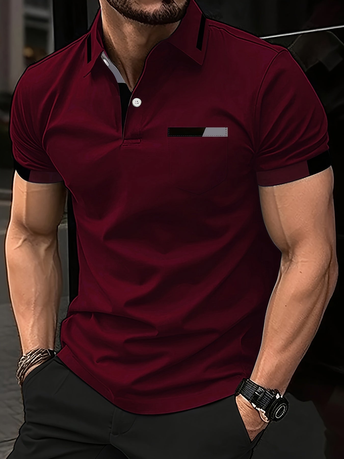 Men'S Casual Print Short-Sleeve Polo Shirt - Light Gray with Black & White Geometric Design, Comfortable Lapel Collar, Button-Up Front & Chest Pocket