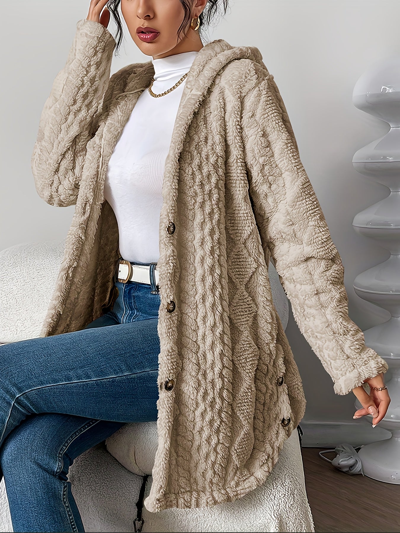 Autumn-Winter Warm Fashion Jacquard Plush Hooded Cardigan Coat